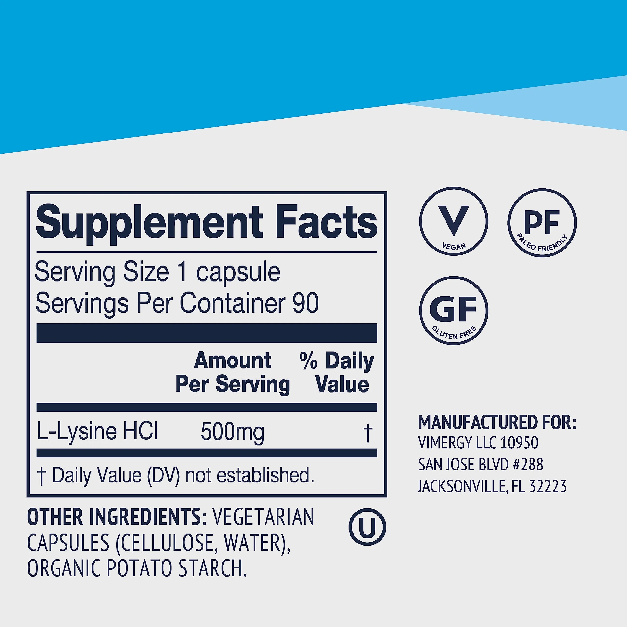 Vimergy L-Lysine – Promotes Healthy Skin, Hair & Nails* – Supports Healthy Metabolism* – Vegan, Non-GMO & Gluten-Free – 90 Capsules - Image 2