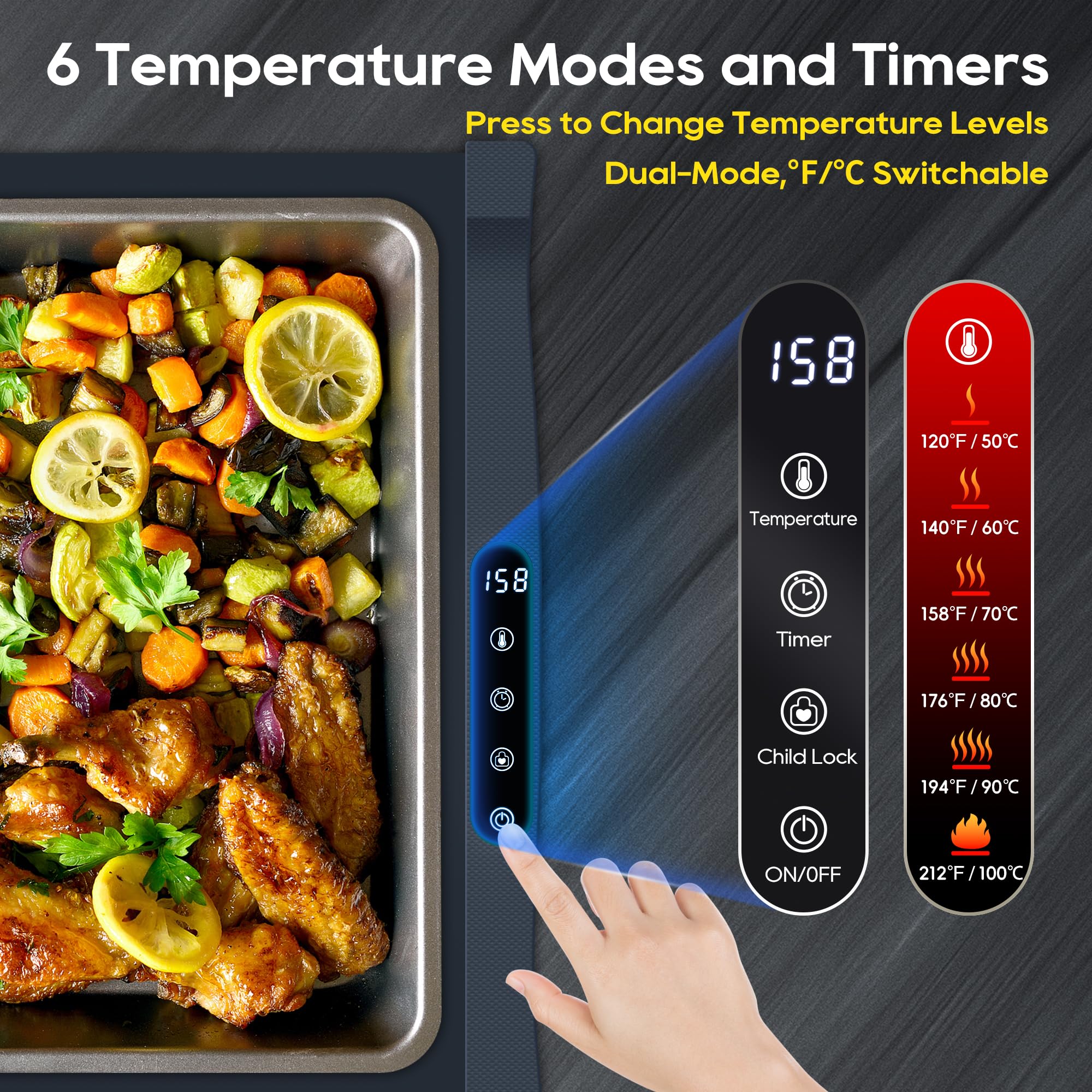 VIPDIGI Food Warming Mat, Large Electric Warming Tray, Silicone Fast Heating Warmer Pad, 6 Temp Adjustable, 6 Timer & Safety Lock, Auto Shut-Off for Countertops Buffets Party Blue - Image 8