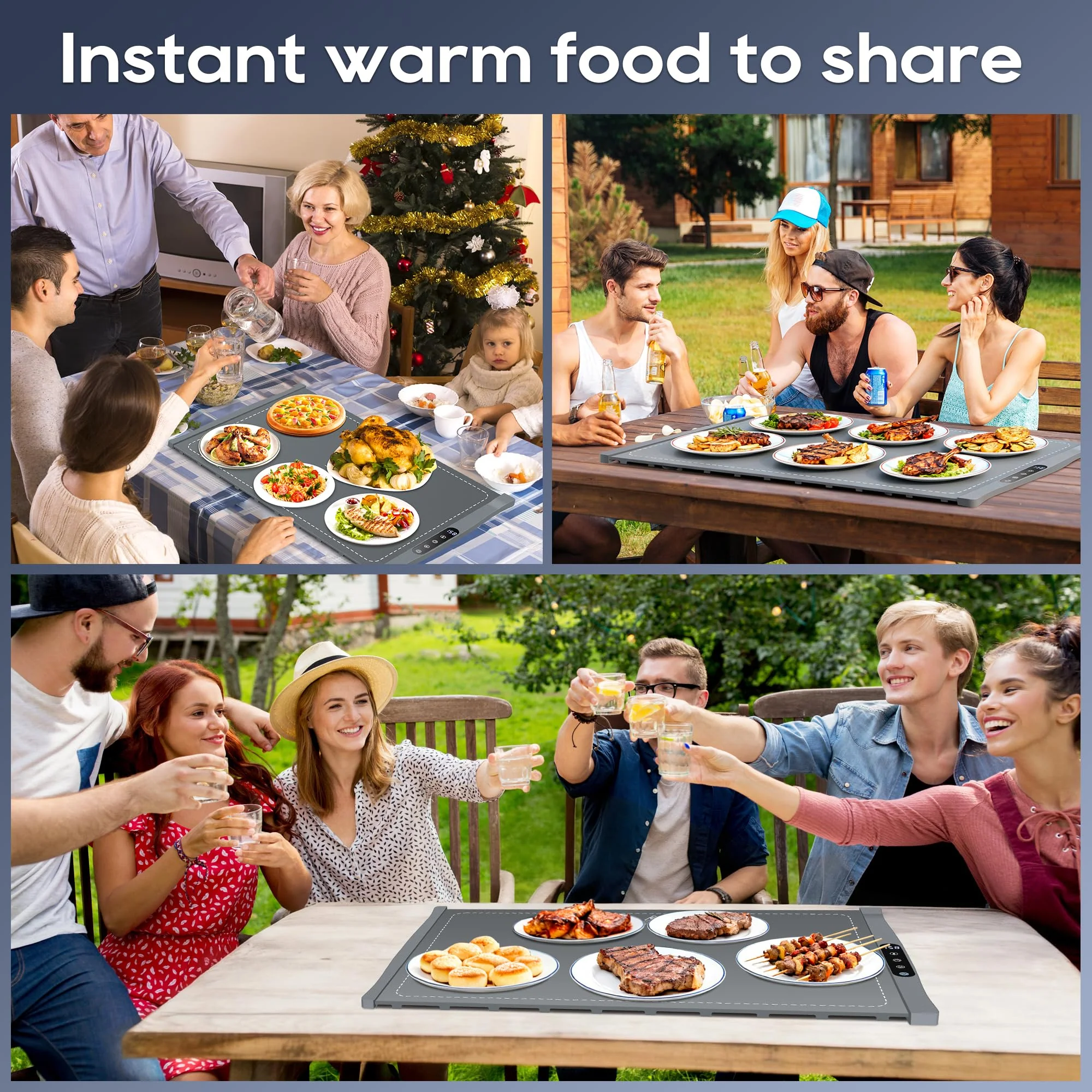 VIPDIGI Food Warming Mat, Large Electric Warming Tray, Silicone Fast Heating Warmer Pad, 6 Temp Adjustable, 6 Timer & Safety Lock, Auto Shut-Off for Countertops Buffets Party Grey - Image 2