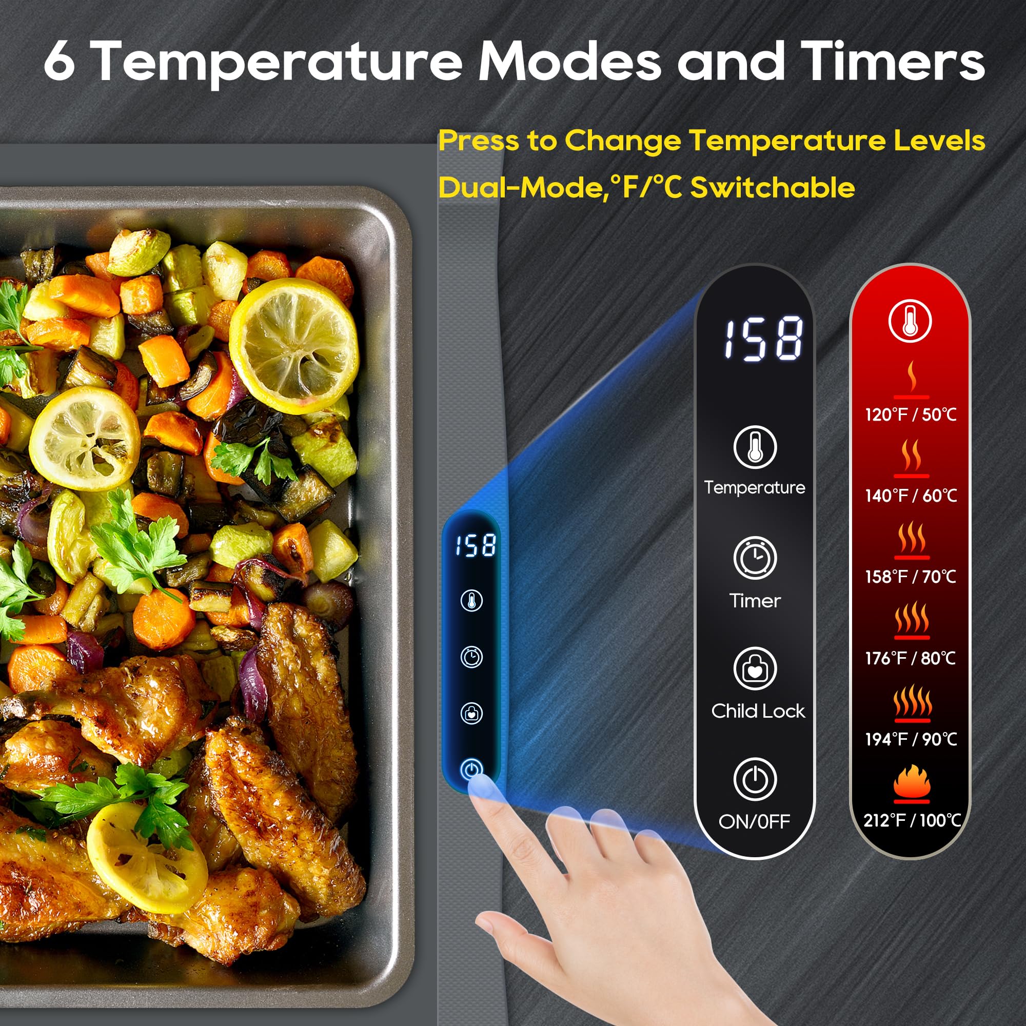 VIPDIGI Food Warming Mat, Large Electric Warming Tray, Silicone Fast Heating Warmer Pad, 6 Temp Adjustable, 6 Timer & Safety Lock, Auto Shut-Off for Countertops Buffets Party Grey - Image 8