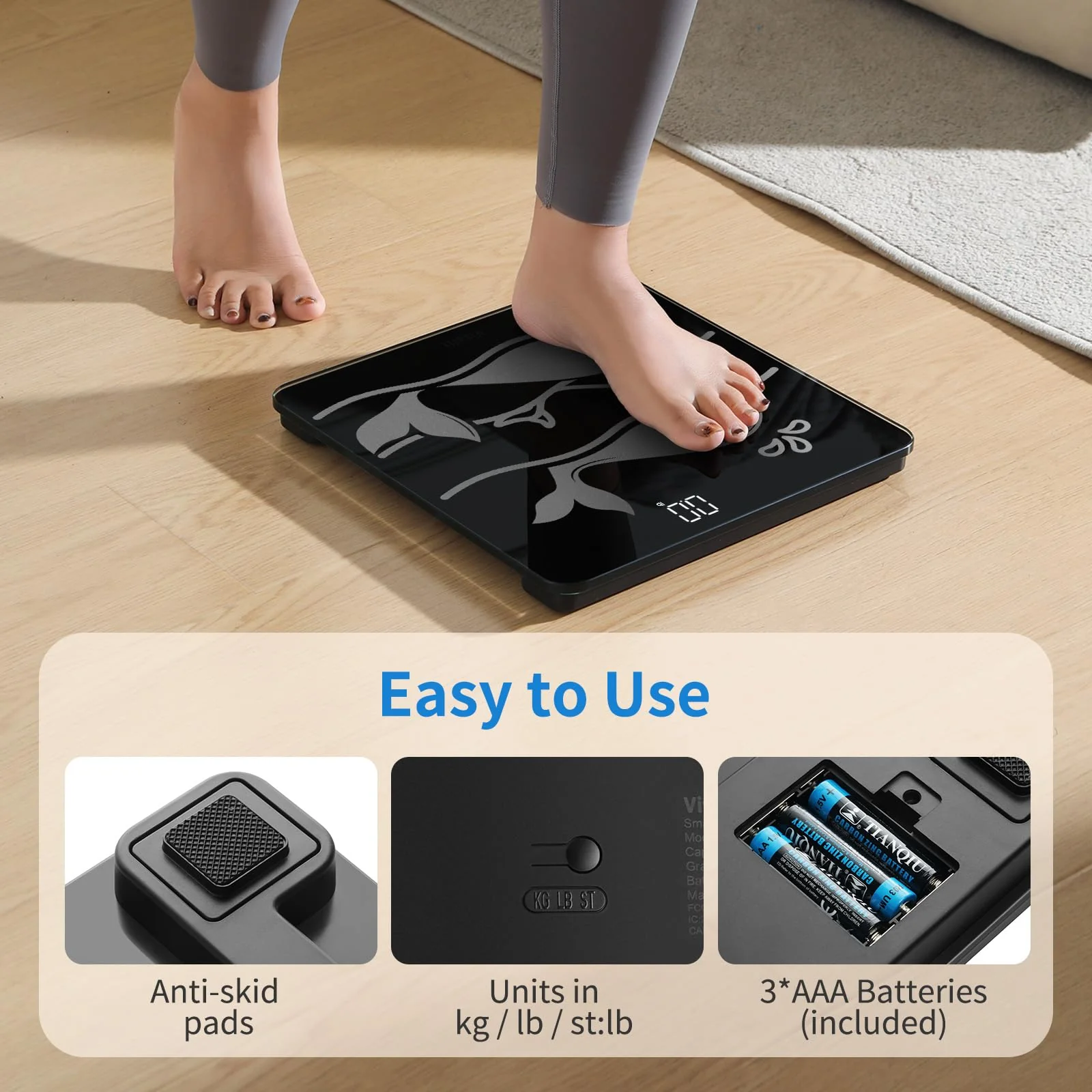 Vitafit Amazing 600lb Smart Bathroom Scale for Body Weight in 0.1lb, High Accuracy Assured by Scale Professional Factory Since 2001, Large Platform with 8mm Non-Slip Tempered Glass, LED, 3*AAA, Black - Image 9