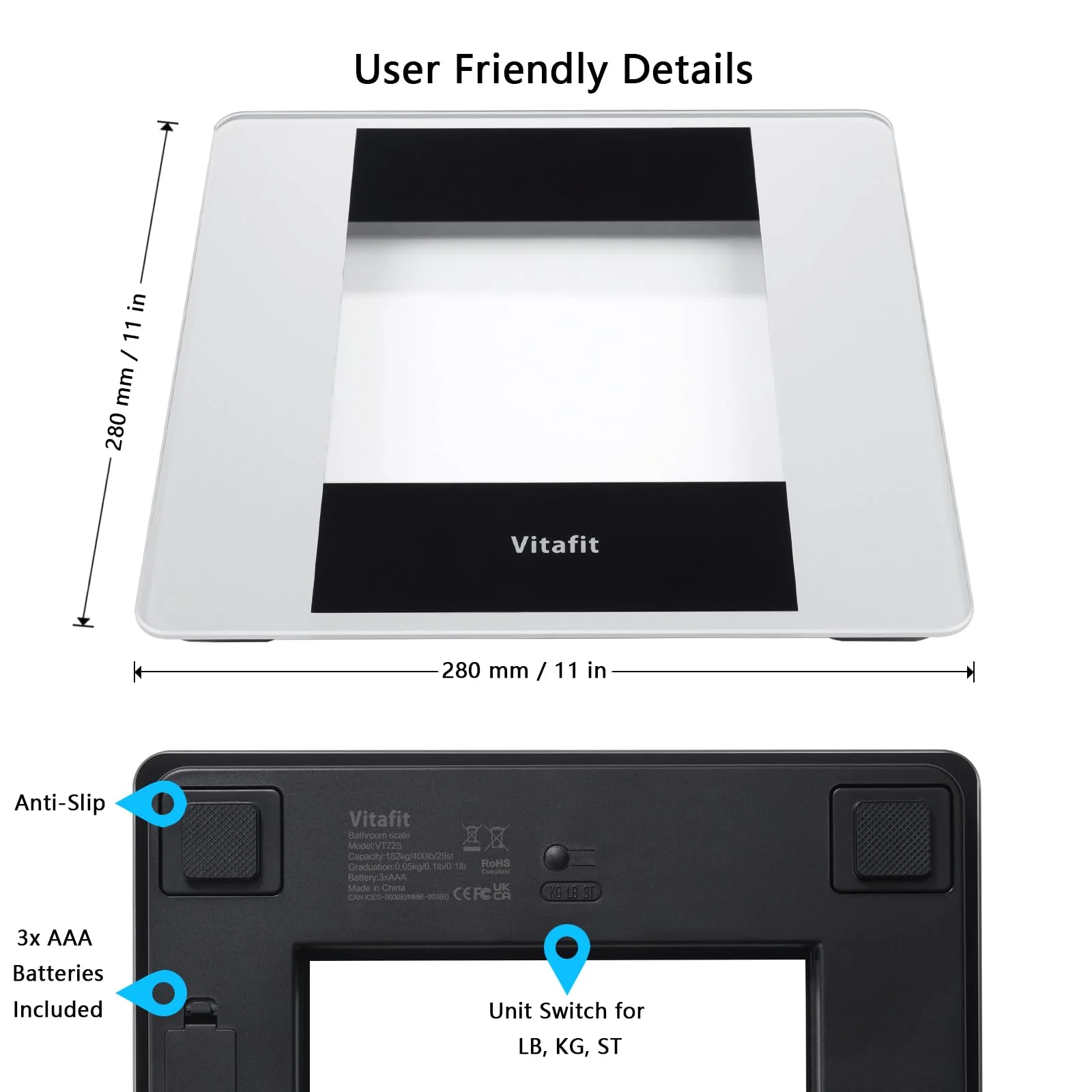 Vitafit Digital Bathroom Scale for Body Weight, High Accuracy Assured by Weight Scale Professional Factory Since 2001, White LED and Step-On, 3*AAA Batteries Included, 400lb, Silver - Image 2