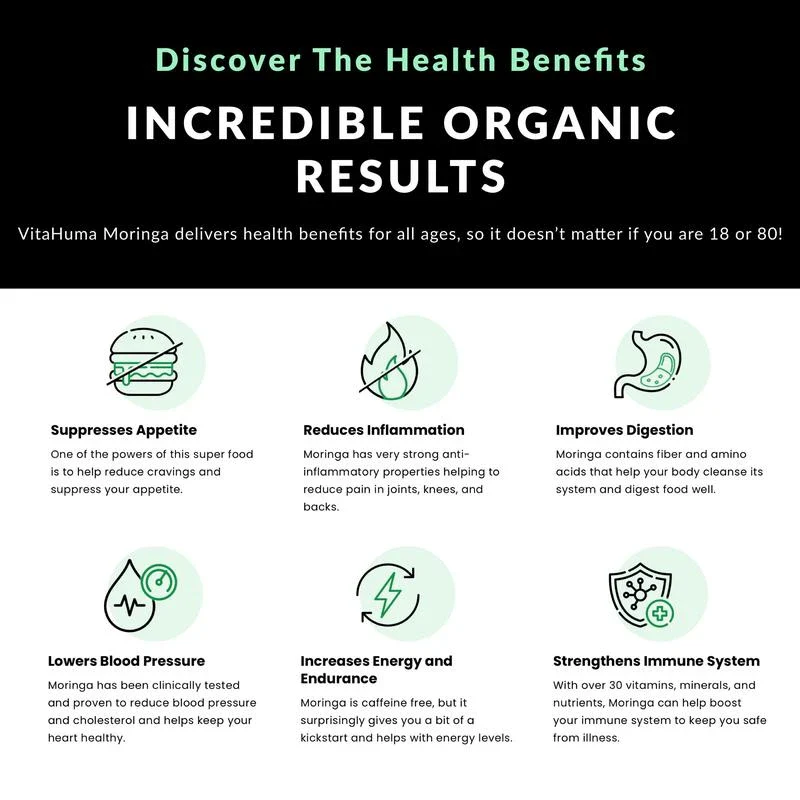 Vitahuma Organic Moringa, Nutrient-Dense Antioxidant Support With Vitamin C, A, E, Calcium, Potassium, Iron, Magnesium, Protein & Amino Acids for Hydration & Energy, Vegan, 1200 MG Per Serving, 30 Day Supply - Image 5