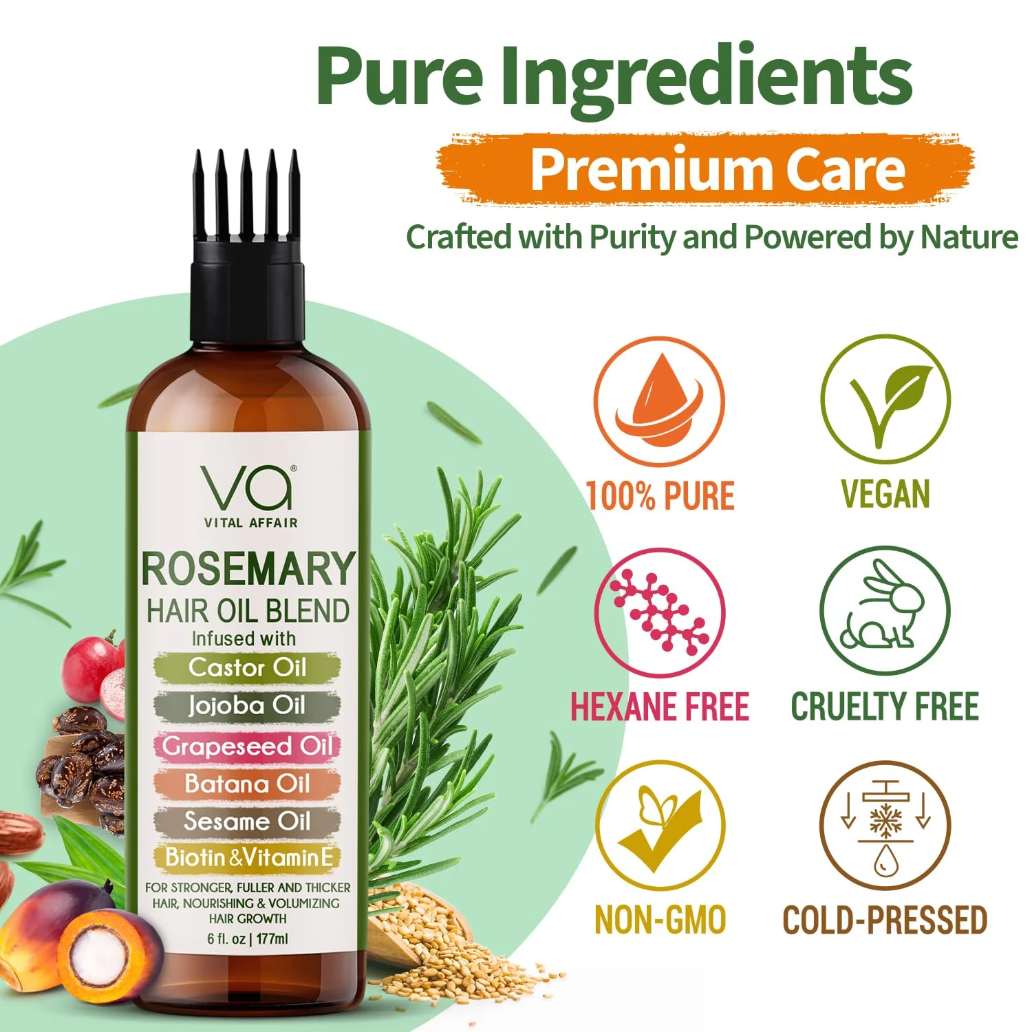 VITAL AFFAIR Blend Of Pure Rosemary Oil With Castor, Batana, Jojoba Oil - Infused With Biotin & Vitamin E-Blend of Effective Hair Oils for Hair Growth-Strengthening Treatment 6 Fl Oz - Image 2