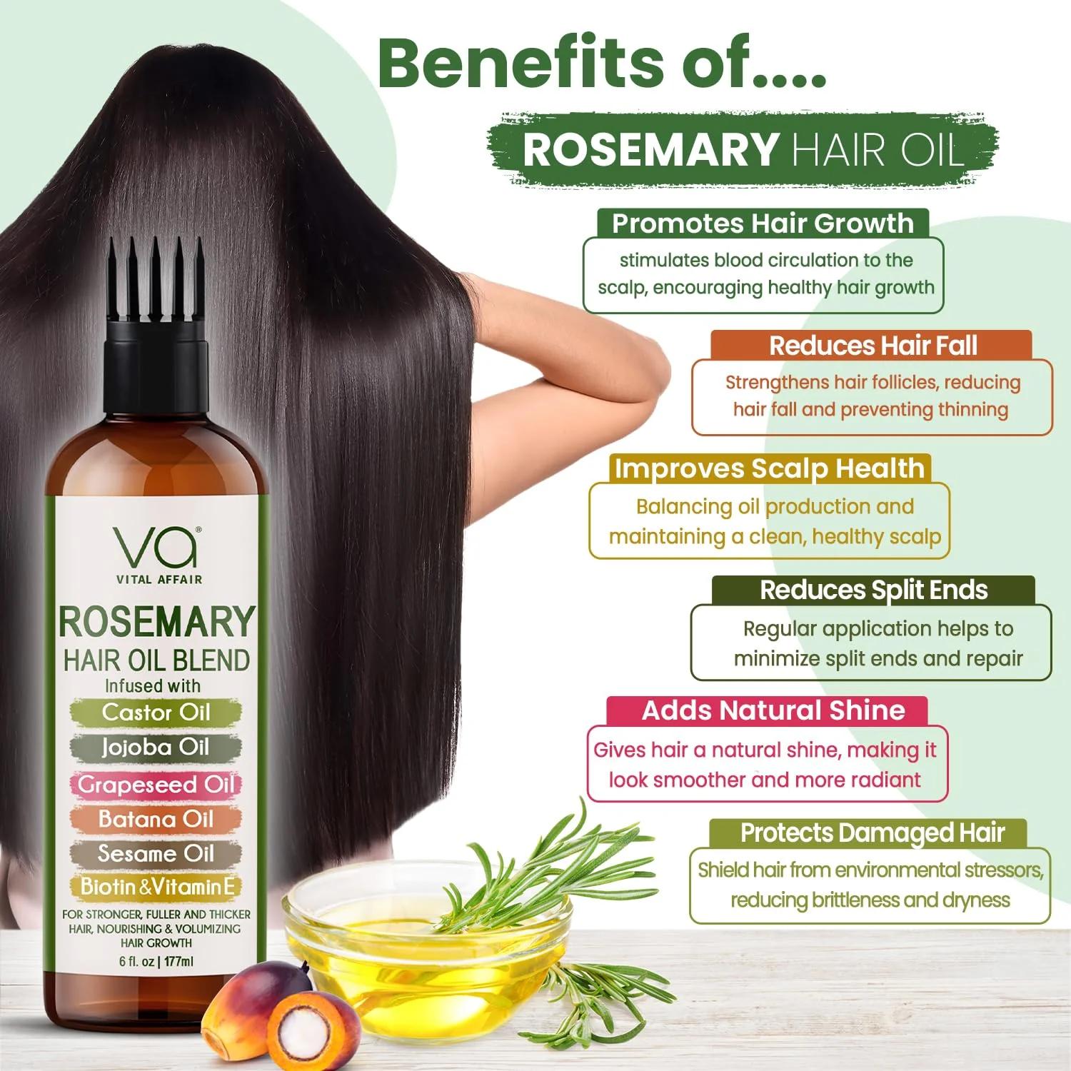 VITAL AFFAIR Blend Of Pure Rosemary Oil With Castor, Batana, Jojoba Oil - Infused With Biotin & Vitamin E-Blend of Effective Hair Oils for Hair Growth-Strengthening Treatment 6 Fl Oz - Image 3