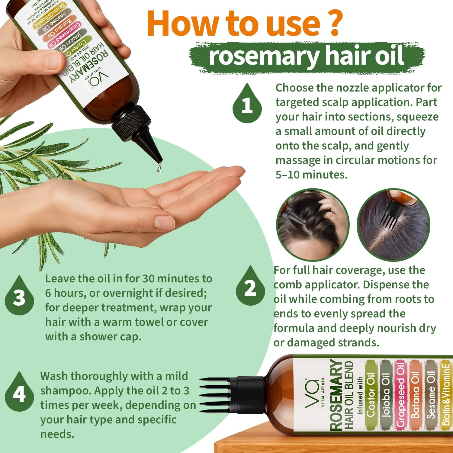 VITAL AFFAIR Blend Of Pure Rosemary Oil With Castor, Batana, Jojoba Oil - Infused With Biotin & Vitamin E-Blend of Effective Hair Oils for Hair Growth-Strengthening Treatment 6 Fl Oz - Image 6