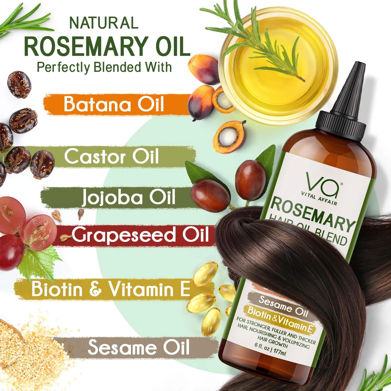 VITAL AFFAIR Blend Of Pure Rosemary Oil With Castor, Batana, Jojoba Oil - Infused With Biotin & Vitamin E-Blend of Effective Hair Oils for Hair Growth-Strengthening Treatment 6 Fl Oz - Image 7