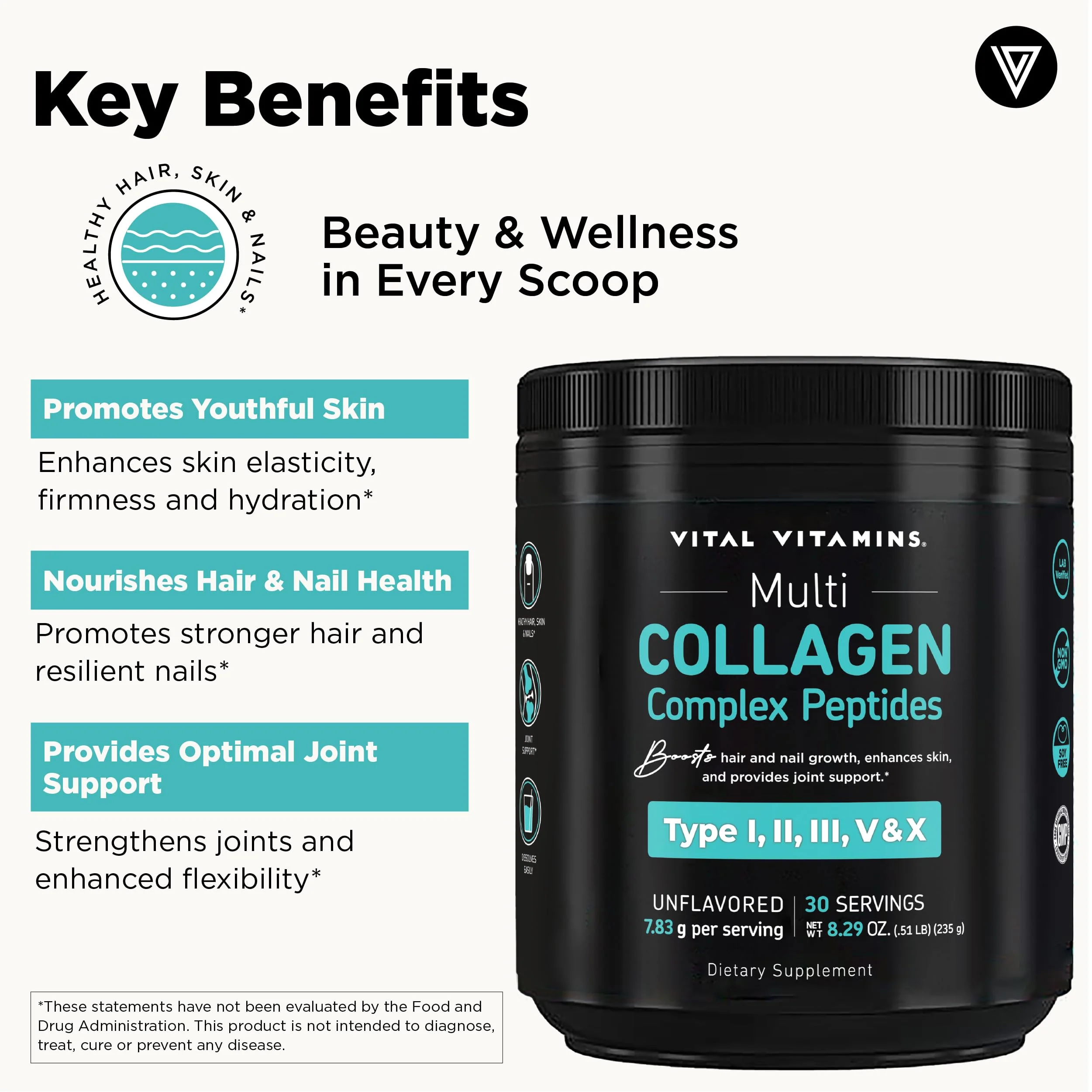Vital Vitamins Multi Collagen Peptides Powder - Unflavored, Easy to Dissolve - Type I, II, III, V, X - for Women & Men - Promotes Hair, Skin, Nails, & Joint Health - 30 Servings - Image 8