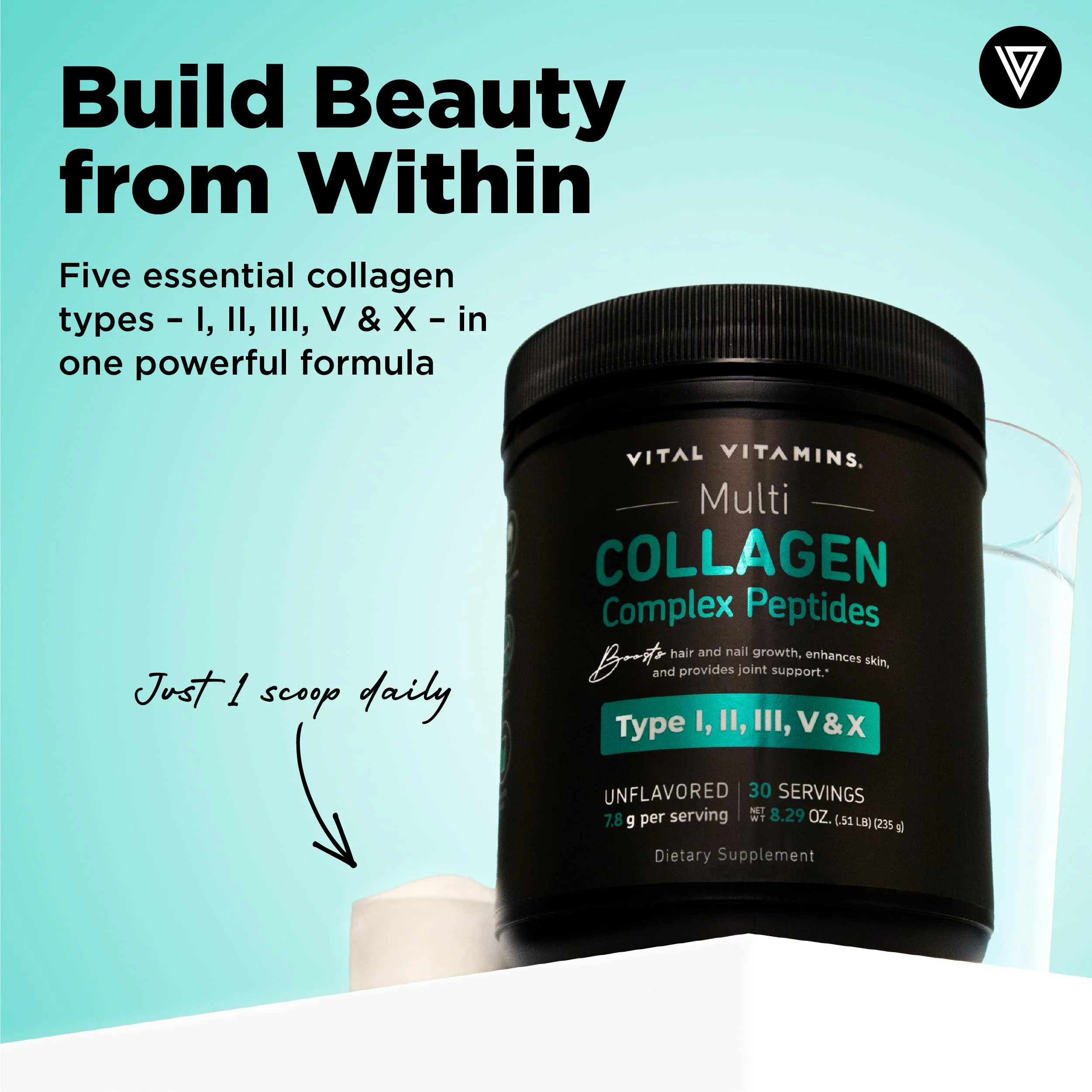 Vital Vitamins Multi Collagen Peptides Powder - Unflavored, Easy to Dissolve - Type I, II, III, V, X - for Women & Men - Promotes Hair, Skin, Nails, & Joint Health - 30 Servings - Image 9