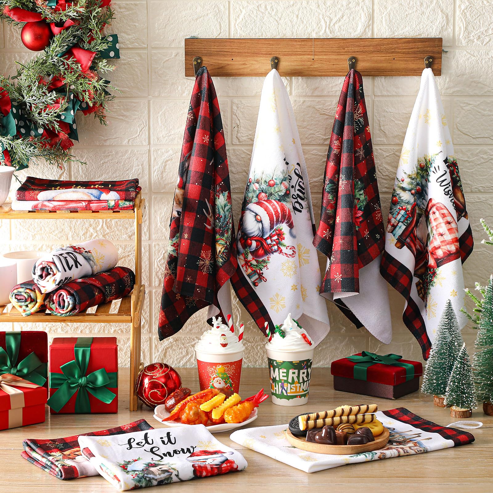 VitalCozy 12 Pcs Christmas Kitchen Towels and Dishcloths Absorbent Merry Christmas Tree Reindeer Truck Santa Claus Hand Dish Tea Towels Plaid Decoration for Xmas Home Gift Supplies, 14.2 x 21.3 Inch - Image 2