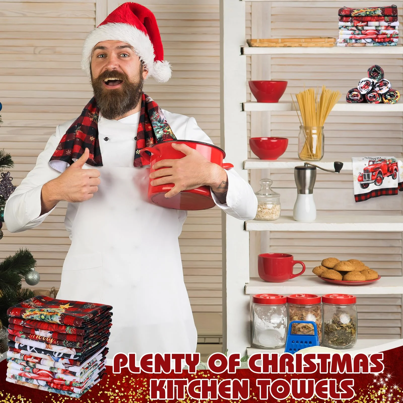 VitalCozy 12 Pcs Christmas Kitchen Towels and Dishcloths Absorbent Merry Christmas Tree Reindeer Truck Santa Claus Hand Dish Tea Towels Plaid Decoration for Xmas Home Gift Supplies, 14.2 x 21.3 Inch - Image 3