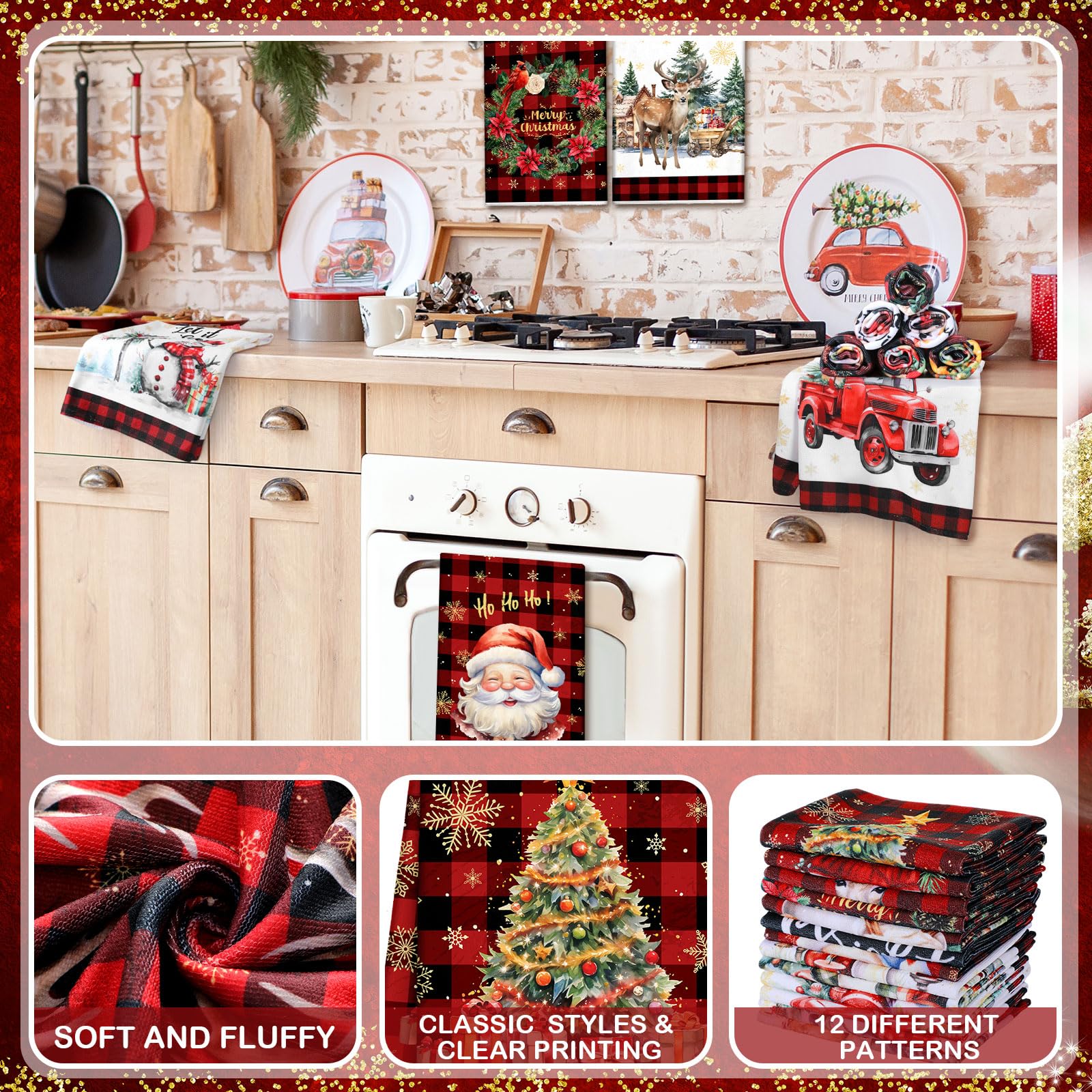 VitalCozy 12 Pcs Christmas Kitchen Towels and Dishcloths Absorbent Merry Christmas Tree Reindeer Truck Santa Claus Hand Dish Tea Towels Plaid Decoration for Xmas Home Gift Supplies, 14.2 x 21.3 Inch - Image 4