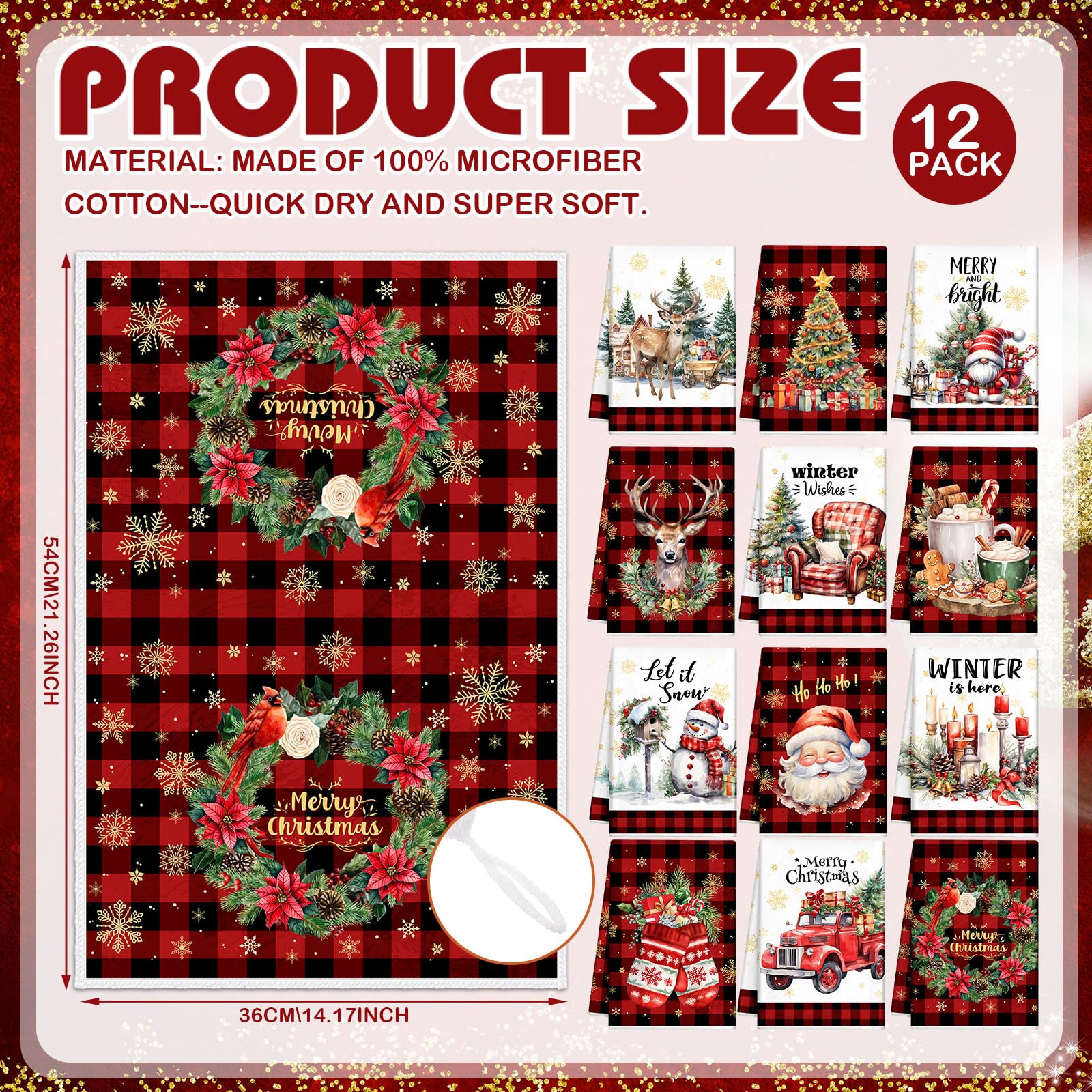 VitalCozy 12 Pcs Christmas Kitchen Towels and Dishcloths Absorbent Merry Christmas Tree Reindeer Truck Santa Claus Hand Dish Tea Towels Plaid Decoration for Xmas Home Gift Supplies, 14.2 x 21.3 Inch - Image 5