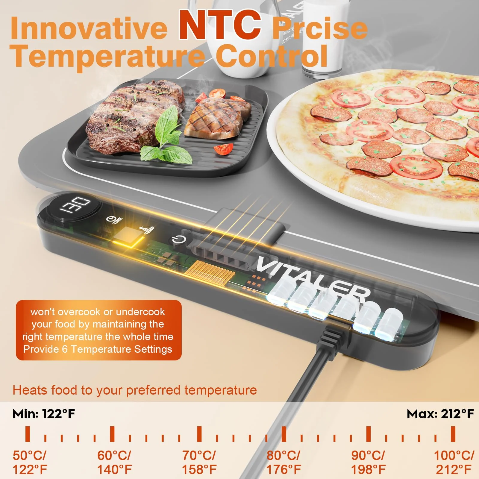 Vitaler Warming Mat for Food, (XXL 35”x16”) Electric Warming Trays, Upgrade Graphene Fast Full-Surface Heating Mat for Food with 6 Level Temp, 6 Hours Timer, Food Warmer Pad with Heat-Insulating Mat - Image 5