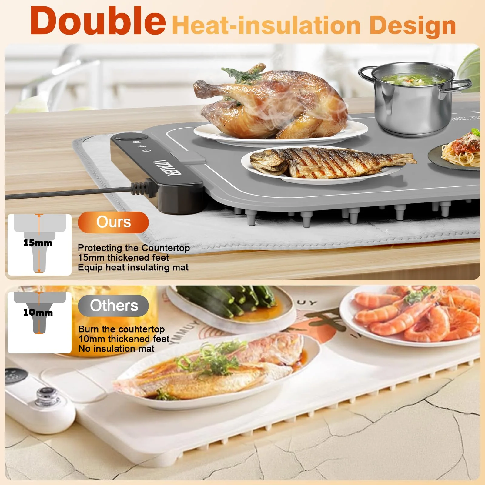 Vitaler Warming Mat for Food, (XXL 35”x16”) Electric Warming Trays, Upgrade Graphene Fast Full-Surface Heating Mat for Food with 6 Level Temp, 6 Hours Timer, Food Warmer Pad with Heat-Insulating Mat - Image 7