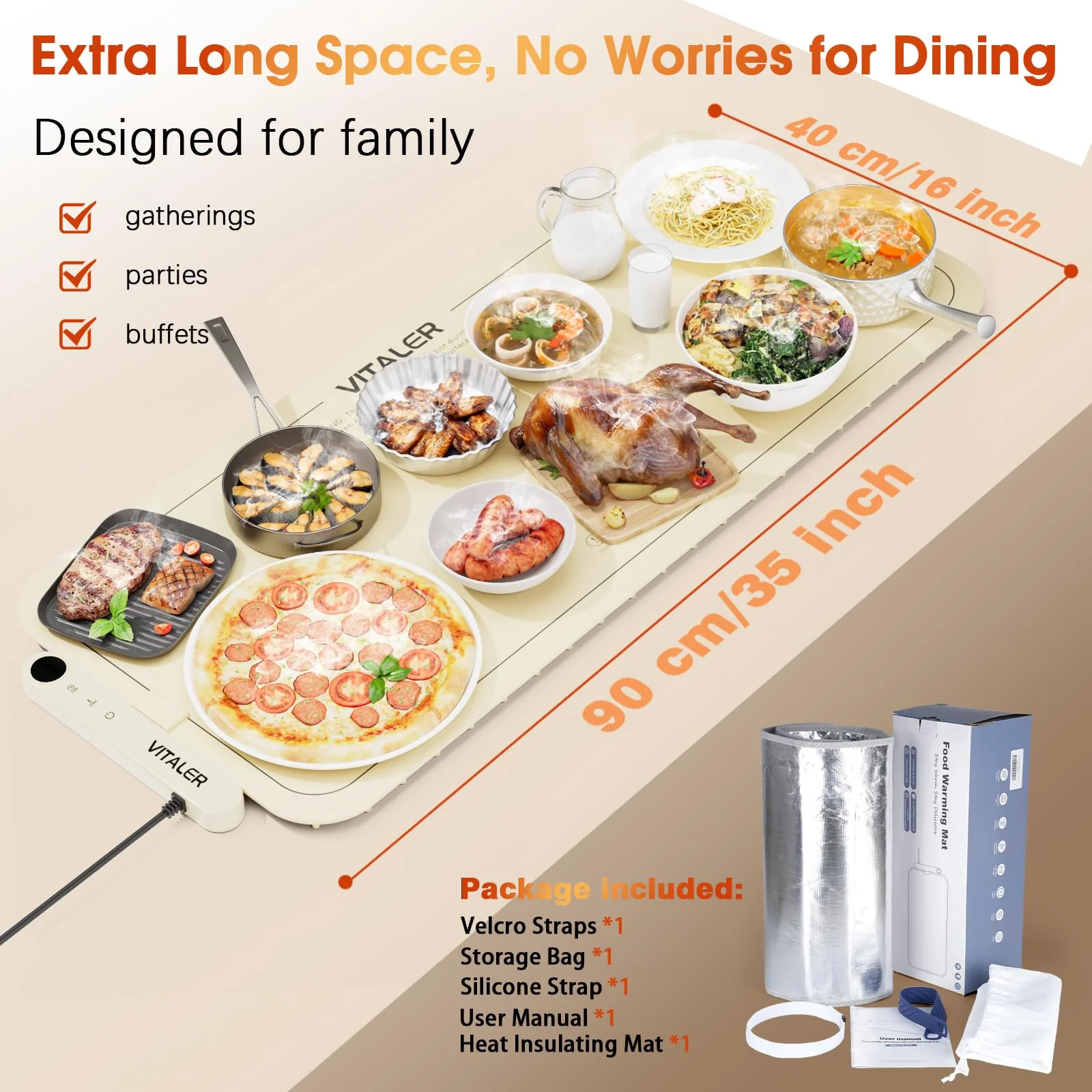 Vitaler Warming Mat for Food, (XXL 35”x16”) Electric Warming Trays, Upgrade Graphene Fast Full-Surface Heating Mat for Food with 6 Level Temp, 6 Hours Timer, Food Warmer Pad with Heat-Insulating Mat - Image 3