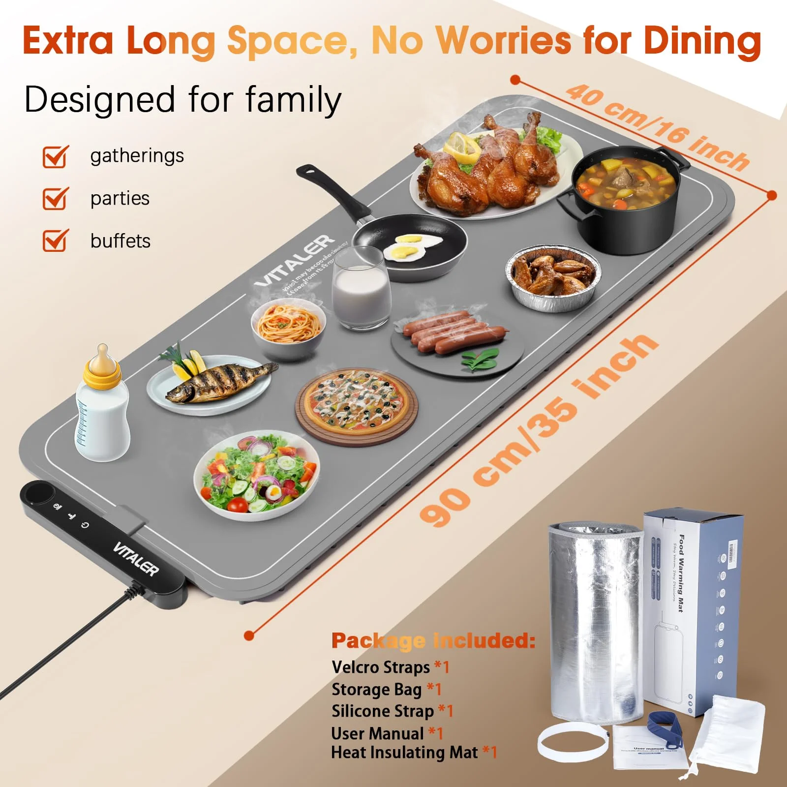 Vitaler Warming Mat for Food, (XXL 35”x16”) Electric Warming Trays, Upgrade Graphene Fast Full-Surface Heating Mat for Food with 6 Level Temp, 6 Hours Timer, Food Warmer Pad with Heat-Insulating Mat - Image 3