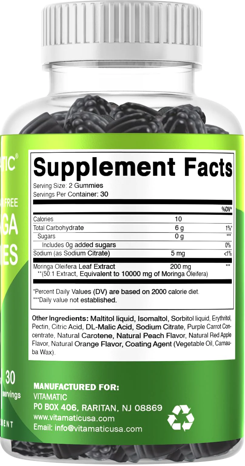 Vitamatic 2 Packs Sugar Free Moringa Gummies- 10000 mg Equivalent Per Serving (from 50:1 Extract 200 mg)- Complete Green Superfood 20X Extract - 60 Pectin Based Gummies - Image 3