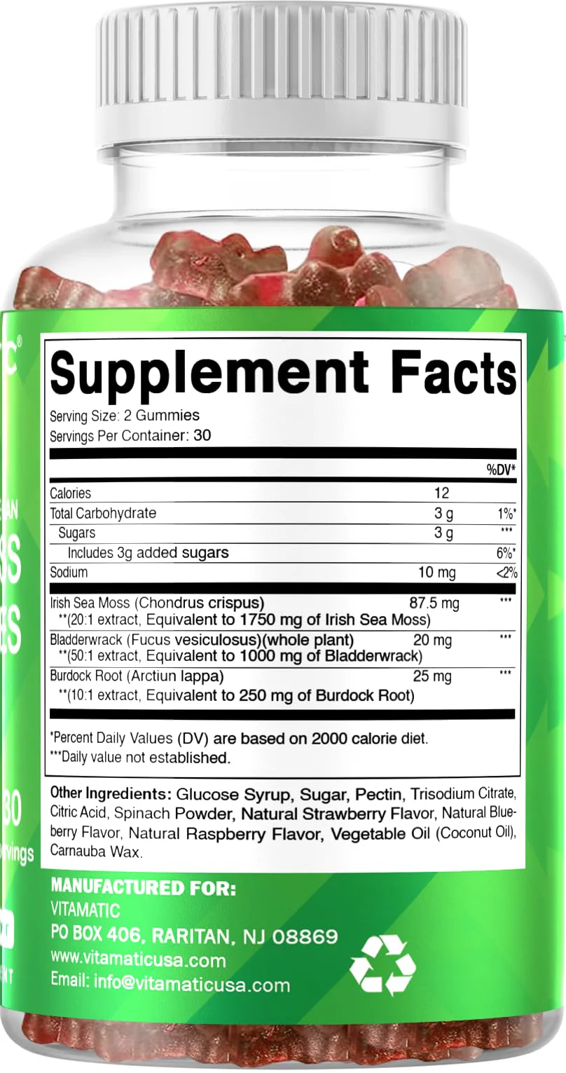 Vitamatic 3 Pack Irish Sea Moss Gummies- 3000mg Equivalent Per Serving (from Extract 132.5 mg) - 60 Ct - Made with Bladderwrack & Burdock Root - Seamoss Supplement for Thyroid, Energy, Immune Support - Image 3