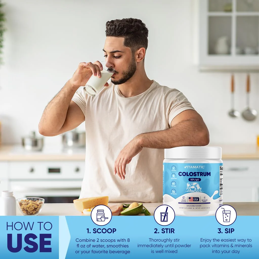 Vitamatic Bovine Colostrum Powder - 50% Highest IgG - Supplement for Gut Health, Hair Growth, Beauty, Muscle Recovery, & Immune Support - Easy to Mix - Unflavored - 60 Servings - Image 5