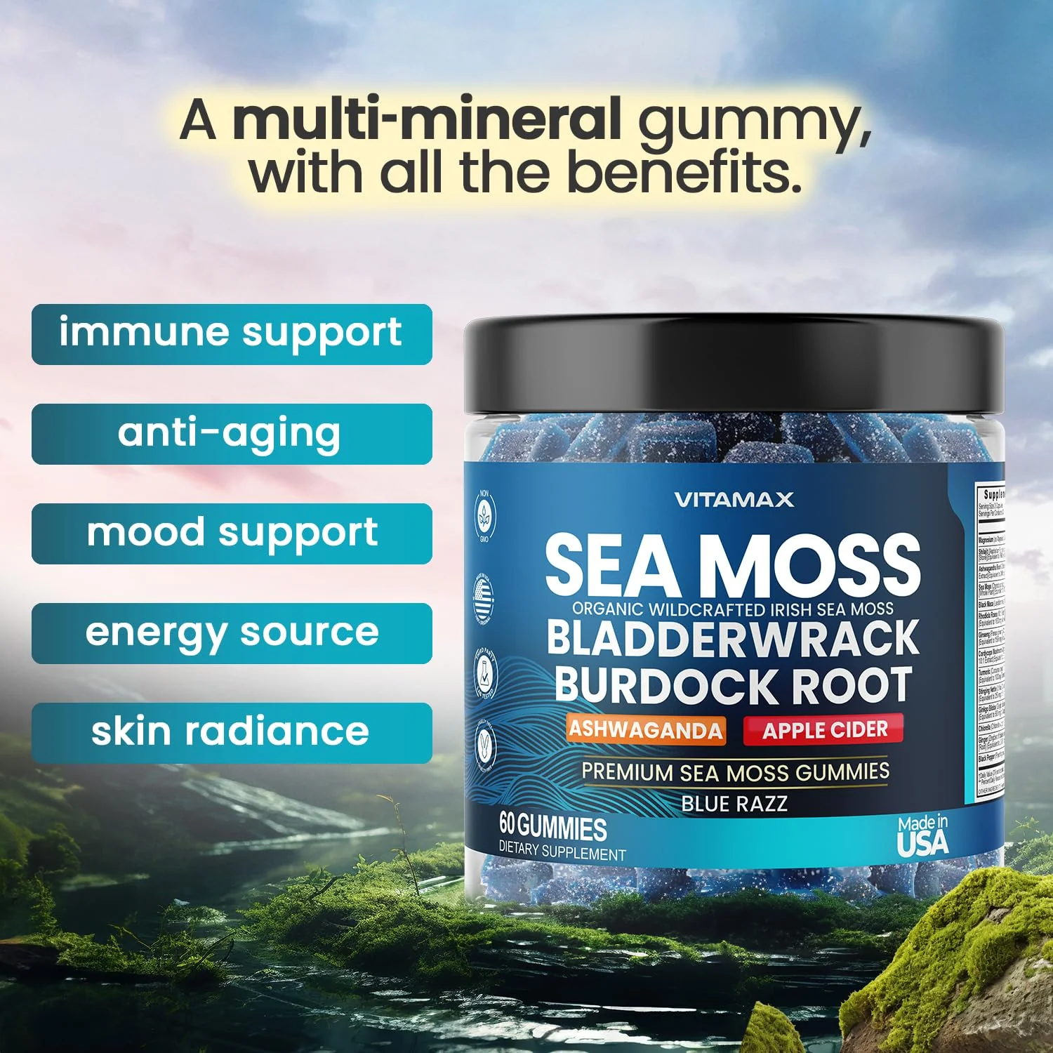 Vitamax Irish Sea Moss Gummies, Sea Moss, Bladderwrack, Ashwagandha, Burdock Root, ACV - Multi-Mineral - Non-GMO and Vegan – Made in USA – 60ct - Image 5