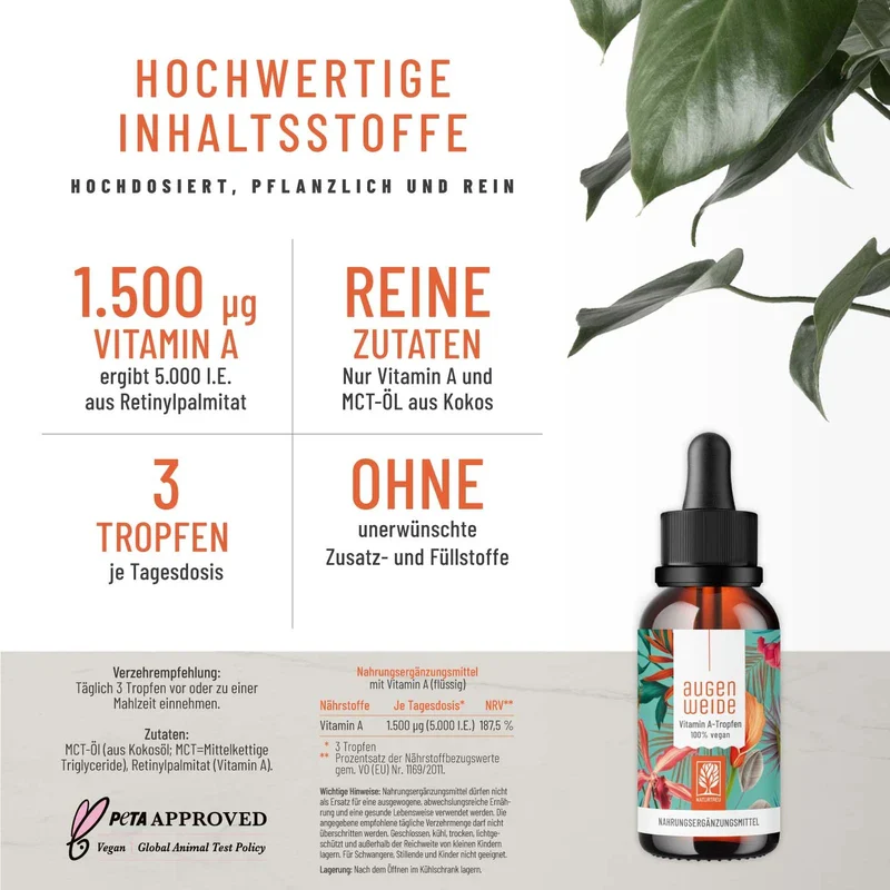 Vitamin A Drops High Dose – Introductory Price – 5000 IU (1500 μg) per Daily Dose – Vegan – Vitamin A Liquid – Made in Germany – Retinol Natural Feast for Eyes, 1700 Drops, 50 ml - Image 3