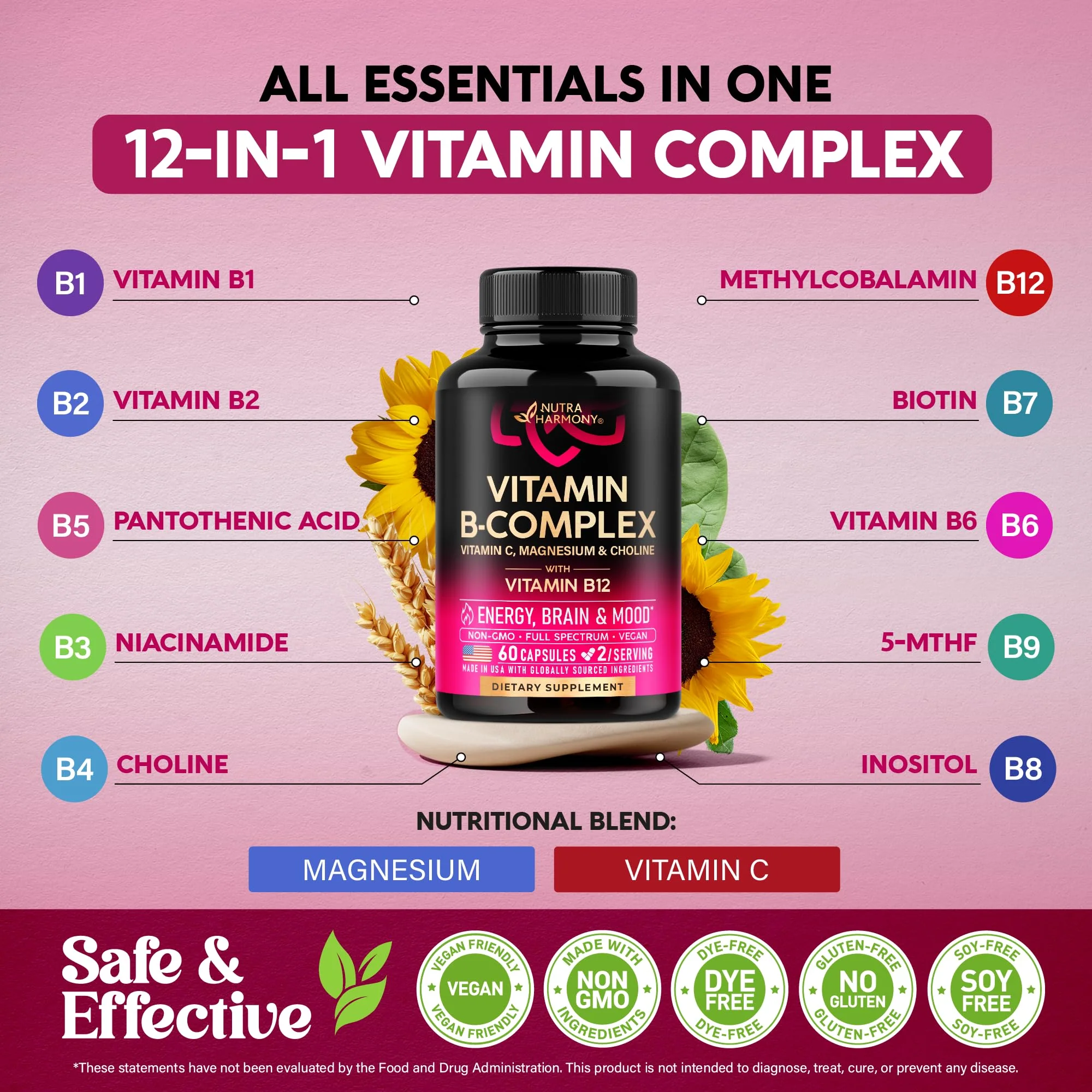 Vitamin B Complex for Men & Women - Riboflavin B2, B12, B1, B3, B5, B6, B7, B8, B9 | Vitamin C, Choline, Inositol - B-Complex Supplement - Energy, Brain & Heart Support - Made in USA, 60 Vegan Caps - Image 6