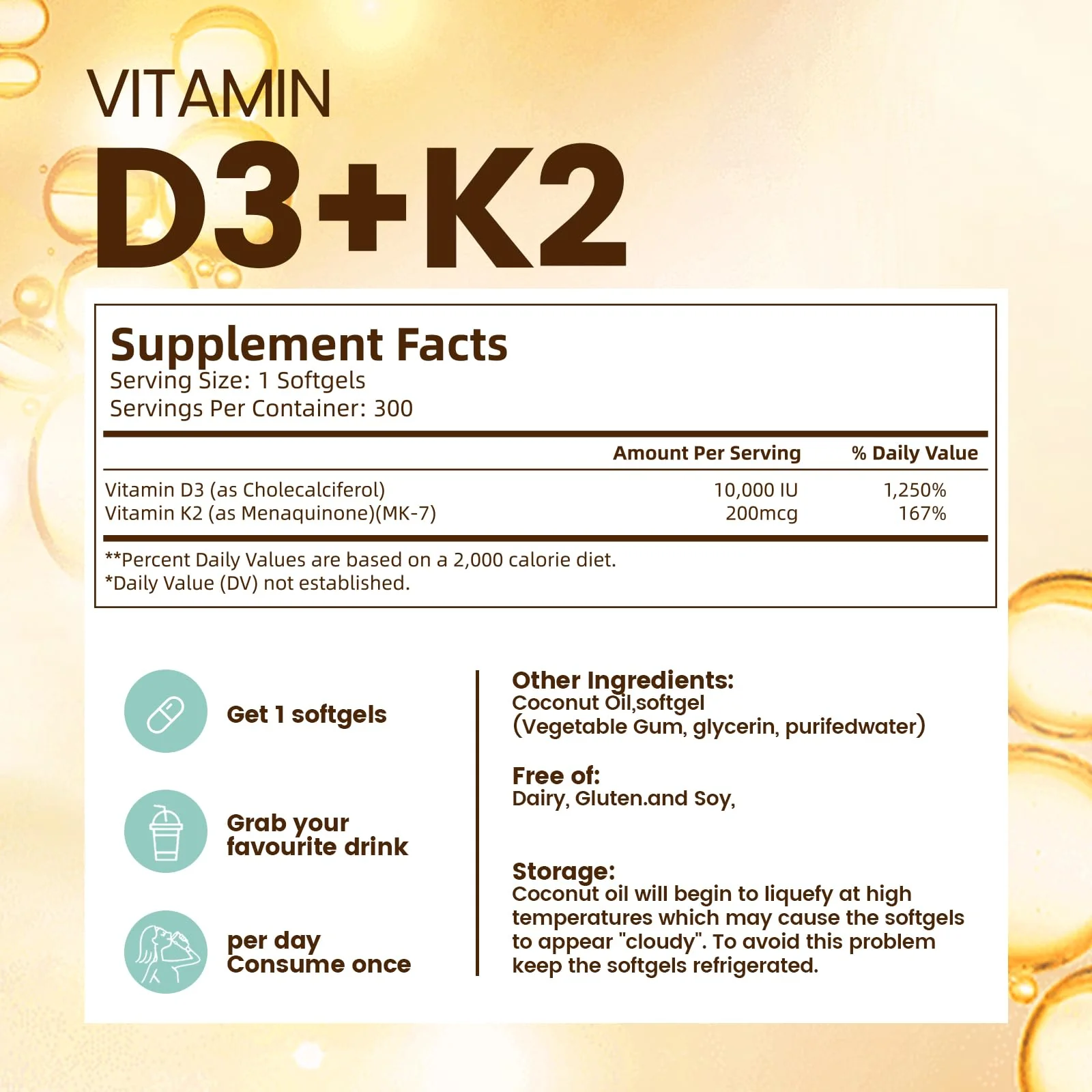 Vitamin D3 K2 10000 IU with MK7-300 Virgin Coconut Oil Softgels, 2 in 1 Vitamins D & K Complex | Vitamina D3 con K2 | Supports Calcium Absorption, Bone, Immune, & Heart Health – Easy to Swallow - Image 2