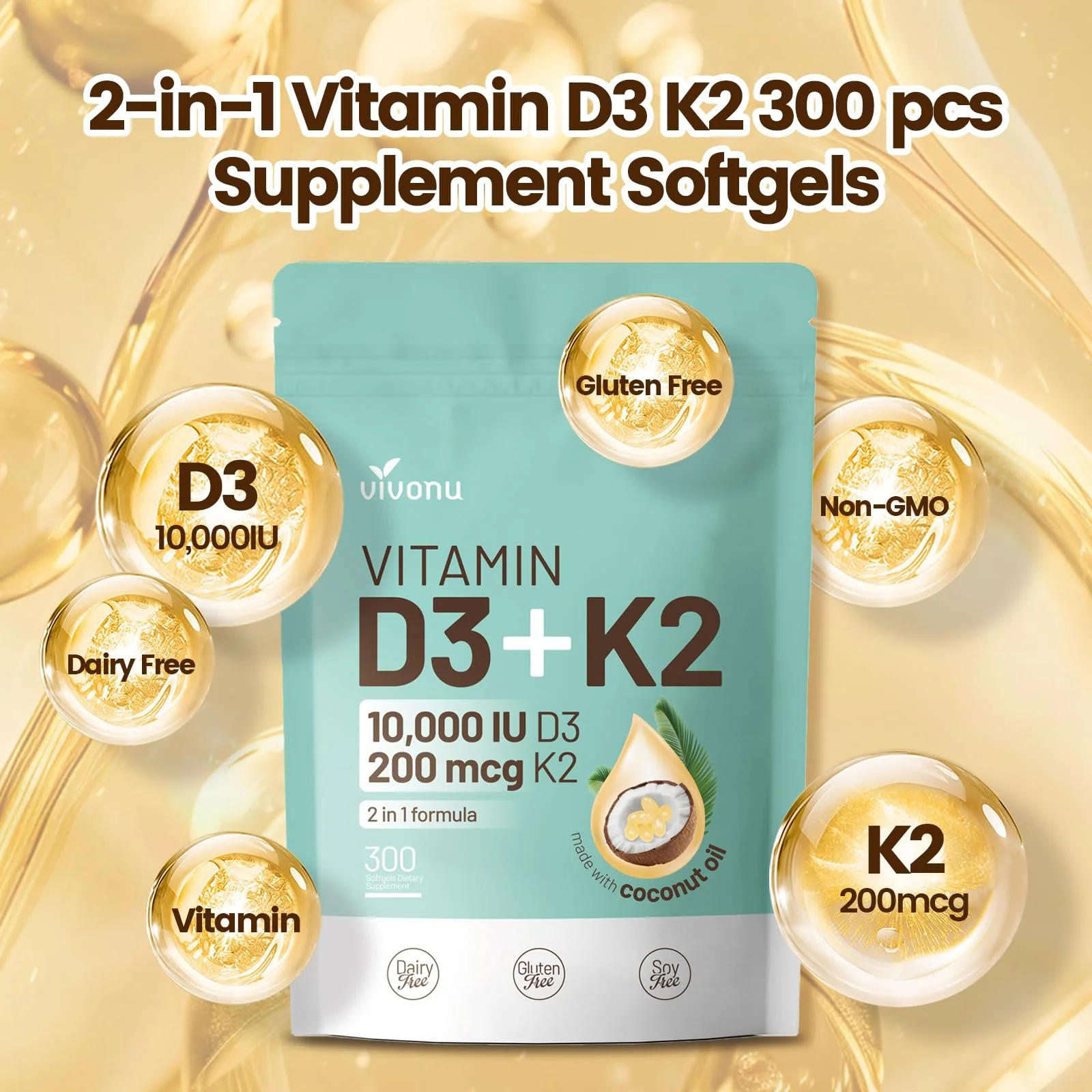 Vitamin D3 K2 10000 IU with MK7-300 Virgin Coconut Oil Softgels, 2 in 1 Vitamins D & K Complex | Vitamina D3 con K2 | Supports Calcium Absorption, Bone, Immune, & Heart Health – Easy to Swallow - Image 3