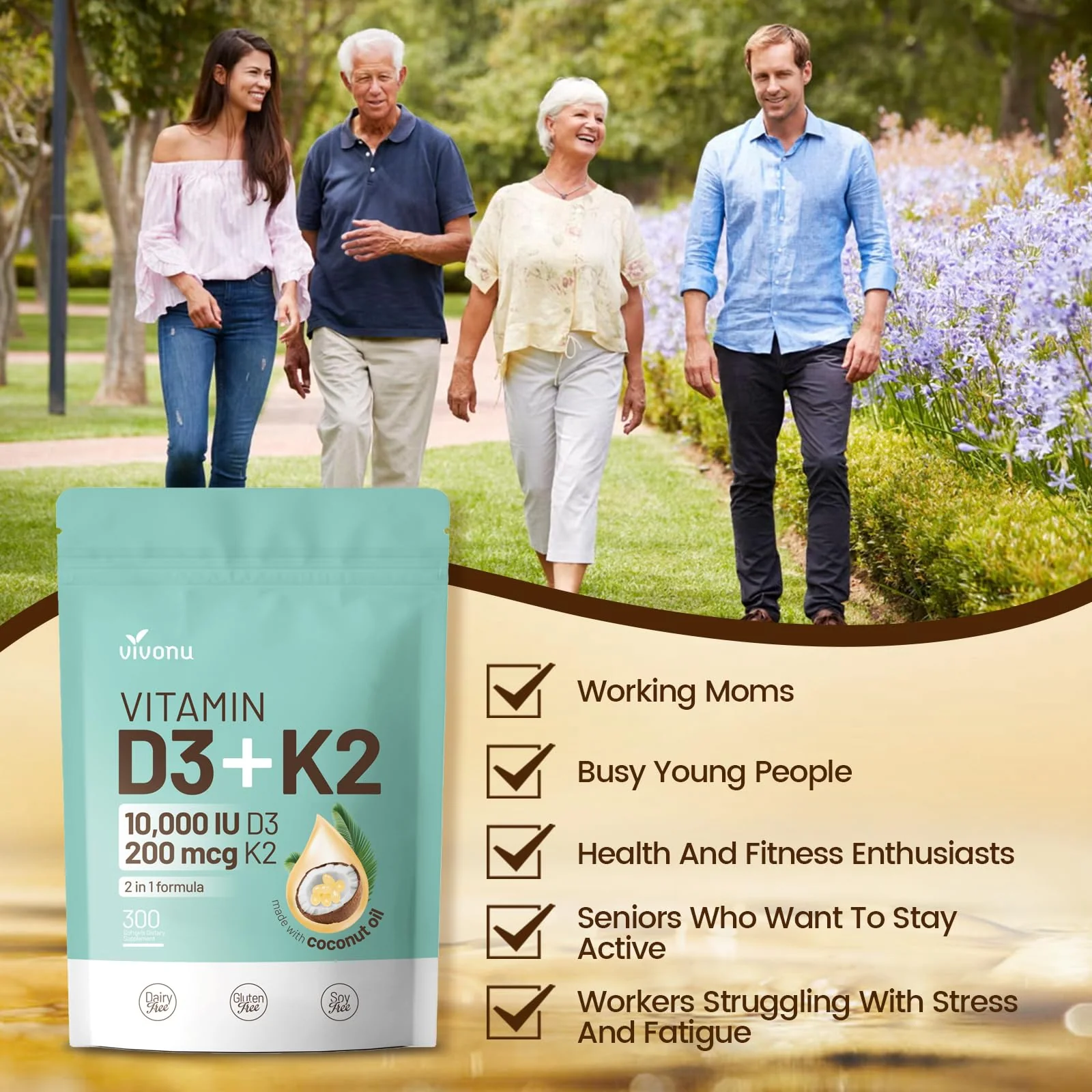 Vitamin D3 K2 10000 IU with MK7-300 Virgin Coconut Oil Softgels, 2 in 1 Vitamins D & K Complex | Vitamina D3 con K2 | Supports Calcium Absorption, Bone, Immune, & Heart Health – Easy to Swallow - Image 4