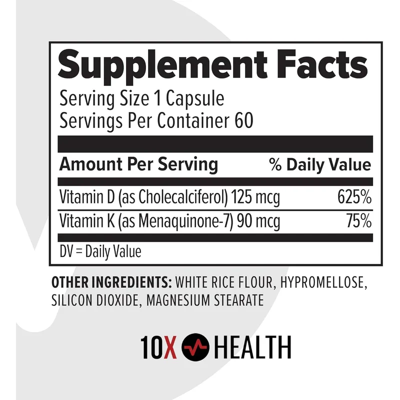Vitamin D3 K2, 10X Health Vitamin D3 K2 - Loaded with 125 mcg Vitamin D and 90 mcg Vitamin K (Menaquinone 7) - D3 and K2 Supplements That Support Bone Health, Heart and Teeth - 60 Capsules - Image 2