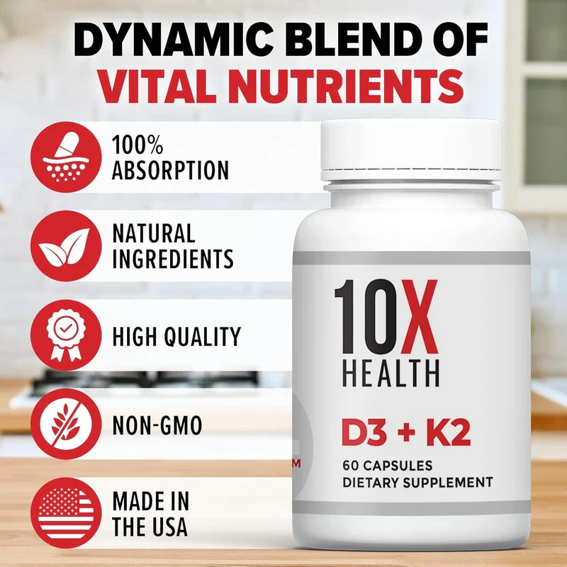 Vitamin D3 K2, 10X Health Vitamin D3 K2 - Loaded with 125 mcg Vitamin D and 90 mcg Vitamin K (Menaquinone 7) - D3 and K2 Supplements That Support Bone Health, Heart and Teeth - 60 Capsules - Image 4