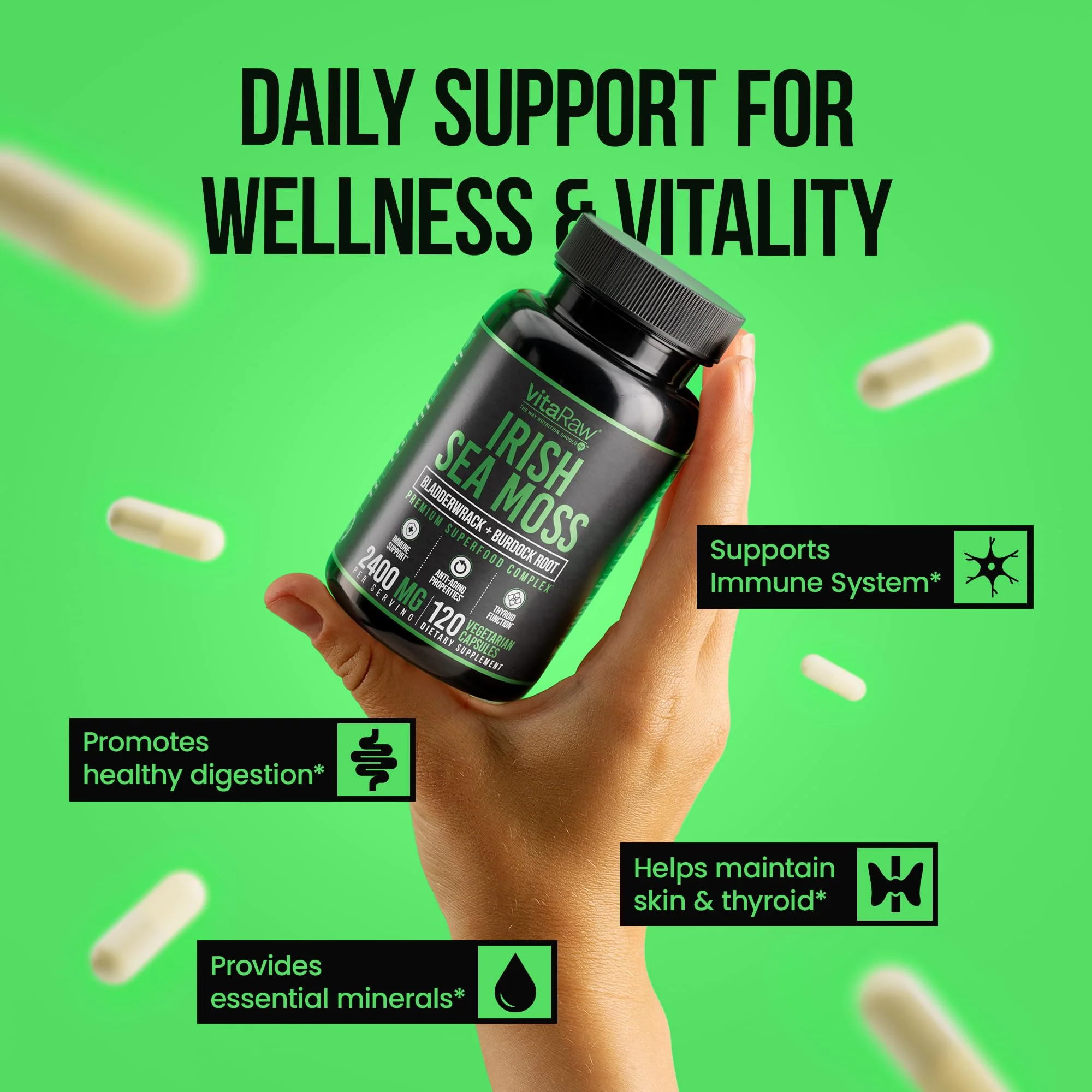 VitaRaw Organic Irish Sea Moss Capsules 2400 mg - Burdock Root and Bladderwrack Powder Real Seamoss Pills for Immune Support, Joint and Gut Health Help - Raw Sea Moss Advanced Herbal Supplement - Image 8