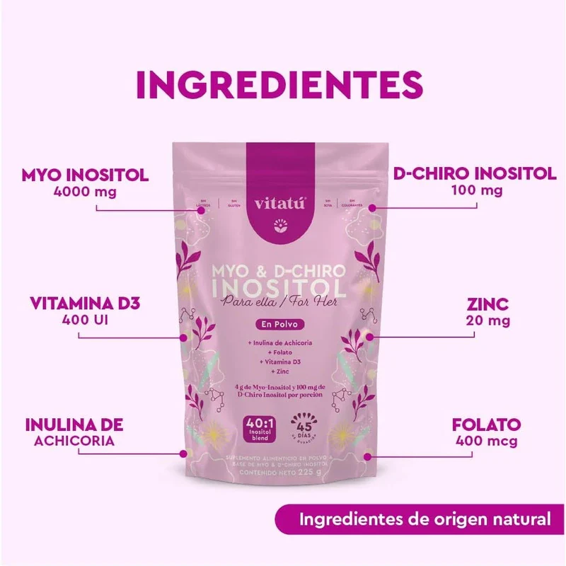 Vitatú | Myo Inositol & D-Chiro Inositol mezcla ideal 40:1 con Folato + Vitamina D3 + Zinc, Suplemento Alimenticio en polvo para Mujeres (225 g c/u), 45 días de duración - Image 2