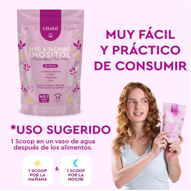 Vitatú | Myo Inositol & D-Chiro Inositol mezcla ideal 40:1 con Folato + Vitamina D3 + Zinc, Suplemento Alimenticio en polvo para Mujeres (225 g c/u), 45 días de duración - Image 4