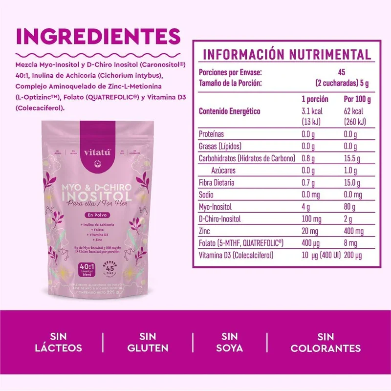 Vitatú | Myo Inositol & D-Chiro Inositol mezcla ideal 40:1 con Folato + Vitamina D3 + Zinc, Suplemento Alimenticio en polvo para Mujeres (225 g c/u), 45 días de duración - Image 5