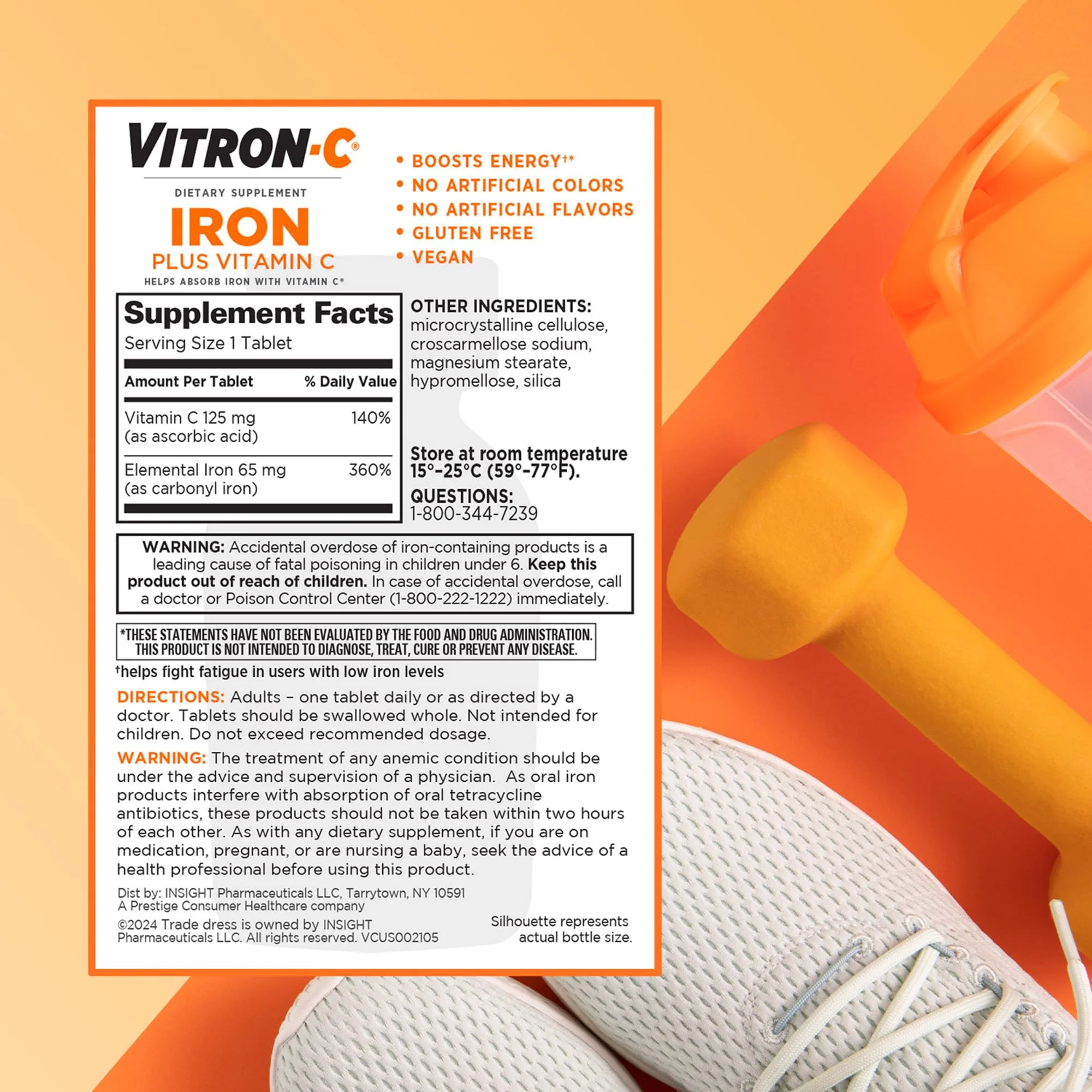 Vitron-C Iron Supplement, Once Daily, High Potency Iron Plus Vitamin C, Support Red Blood Cell Production, Dye Free Tablets, 60 Count, 2 Pack - Image 2