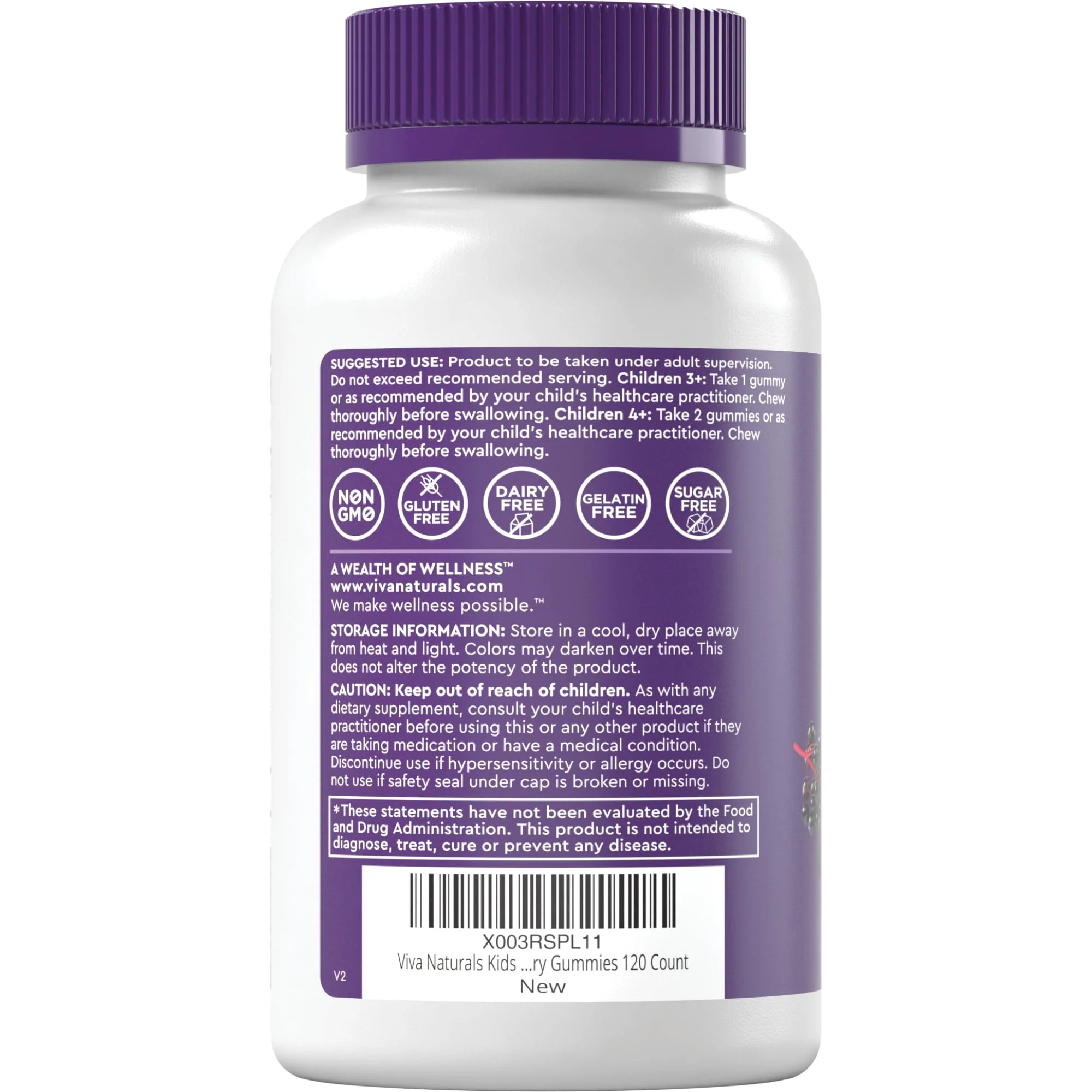 Viva Naturals Sugar-Free Sambucus Elderberry Gummies for Kids, 8-in-1 Children Immune Support with Vitamin C & Zinc – Chewable, Vegan & Gluten-Free (120 Count) for Daily Wellness - Image 2