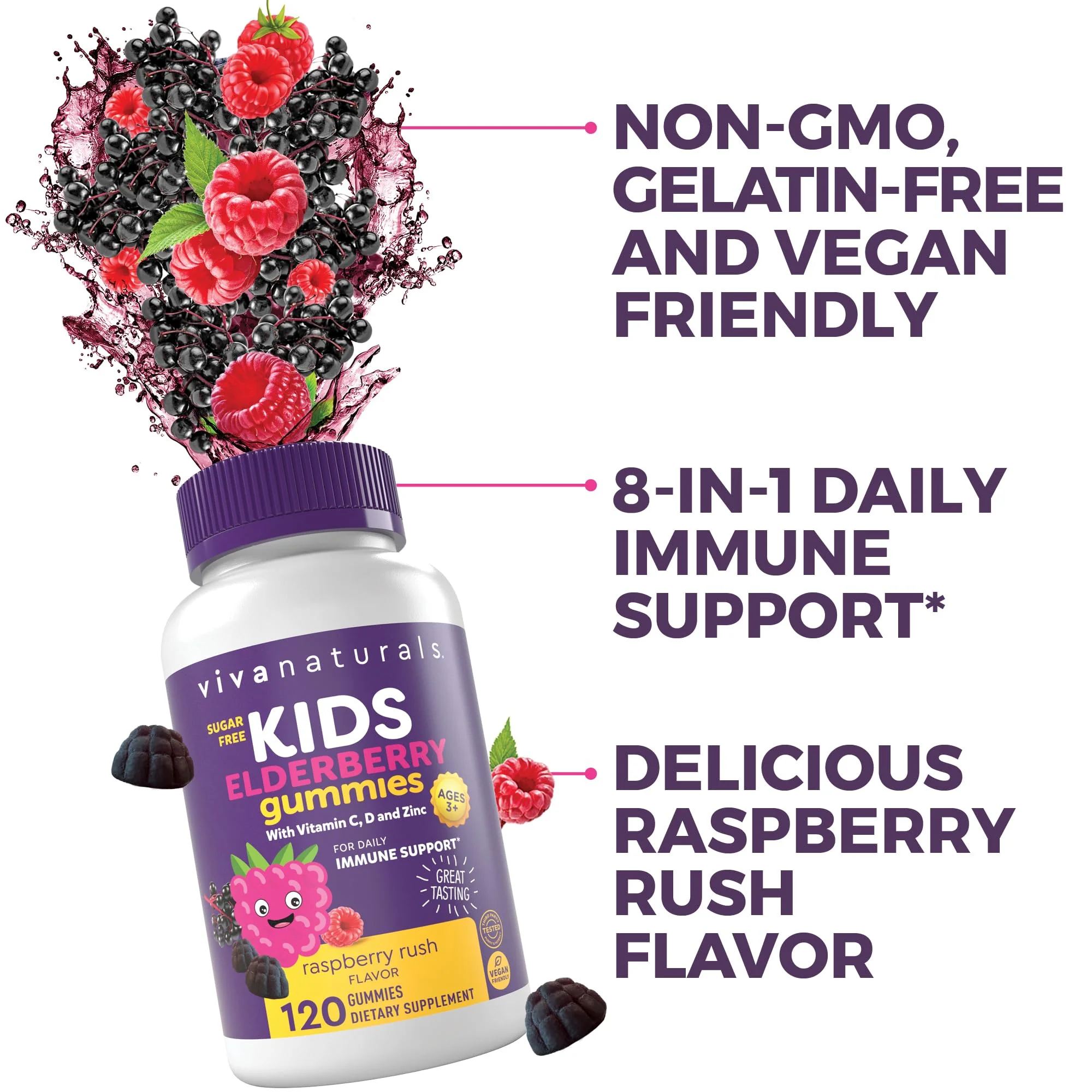 Viva Naturals Sugar-Free Sambucus Elderberry Gummies for Kids, 8-in-1 Children Immune Support with Vitamin C & Zinc – Chewable, Vegan & Gluten-Free (120 Count) for Daily Wellness - Image 4