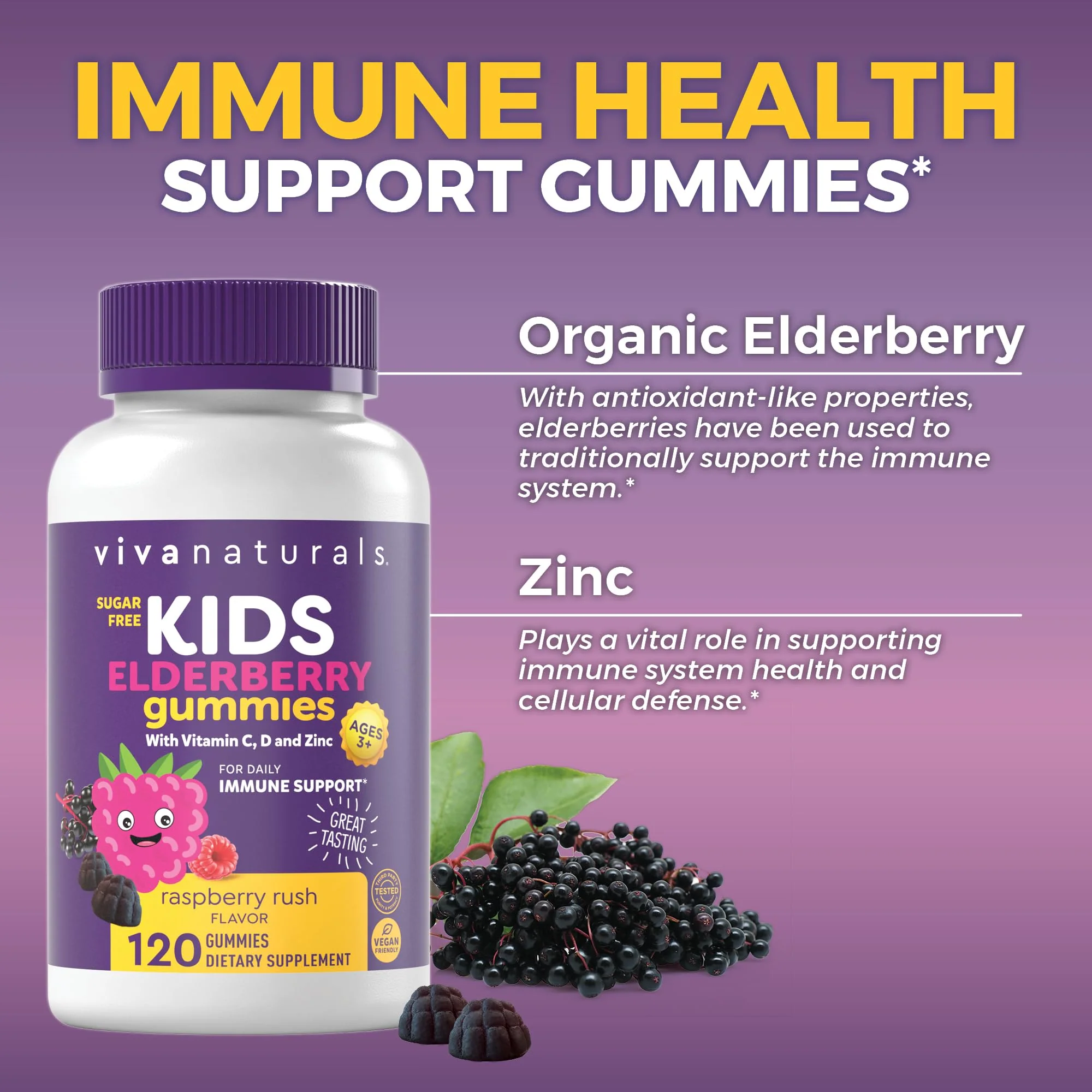 Viva Naturals Sugar-Free Sambucus Elderberry Gummies for Kids, 8-in-1 Children Immune Support with Vitamin C & Zinc – Chewable, Vegan & Gluten-Free (120 Count) for Daily Wellness - Image 5