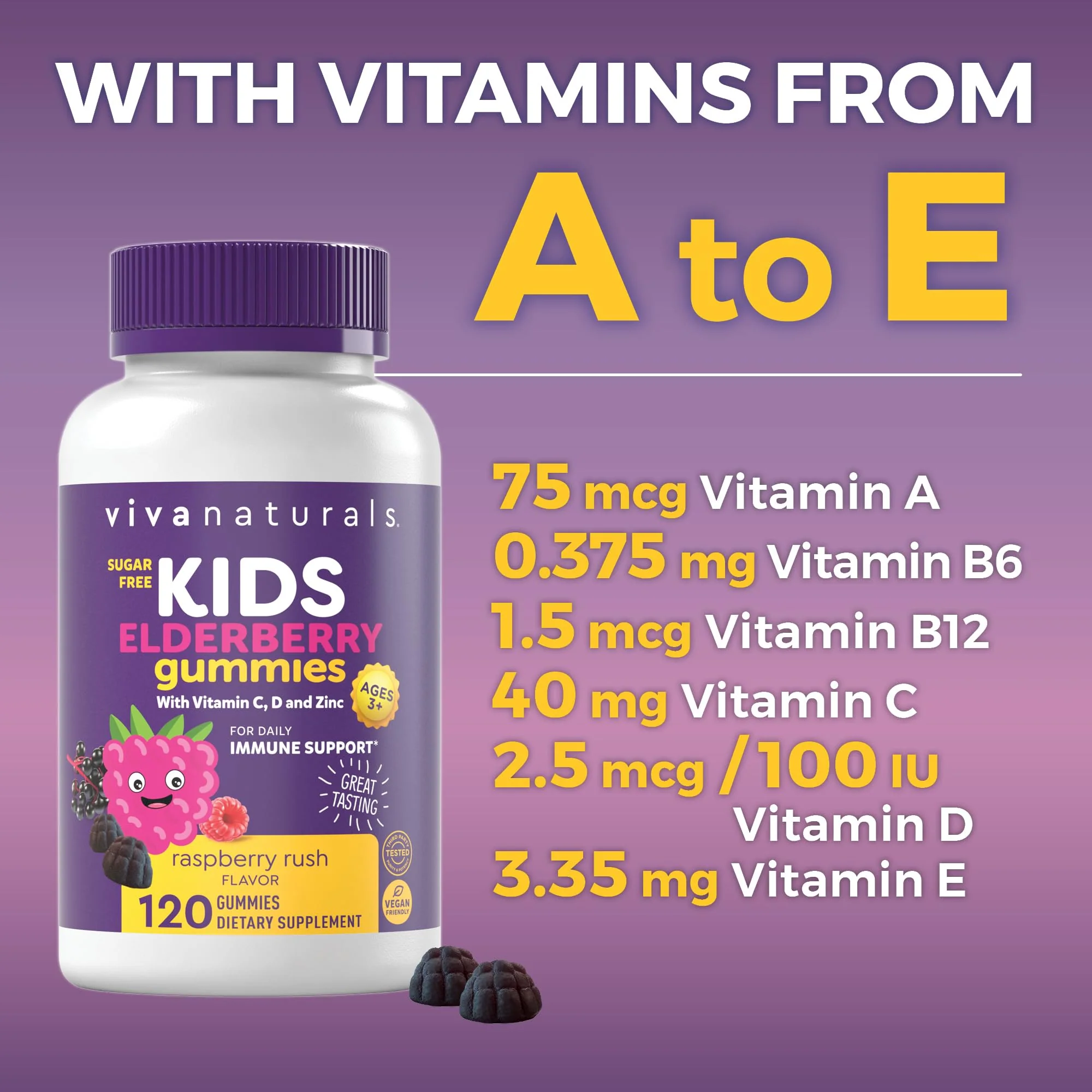 Viva Naturals Sugar-Free Sambucus Elderberry Gummies for Kids, 8-in-1 Children Immune Support with Vitamin C & Zinc – Chewable, Vegan & Gluten-Free (120 Count) for Daily Wellness - Image 6