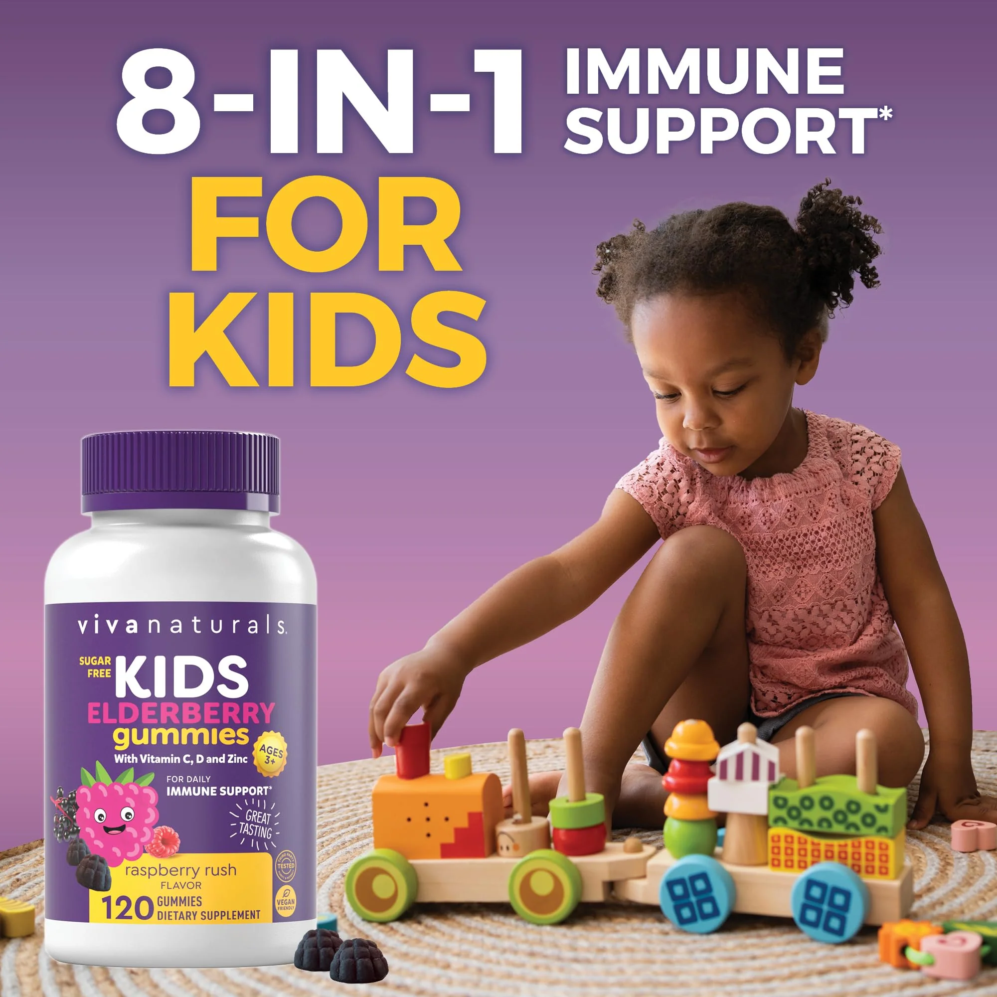 Viva Naturals Sugar-Free Sambucus Elderberry Gummies for Kids, 8-in-1 Children Immune Support with Vitamin C & Zinc – Chewable, Vegan & Gluten-Free (120 Count) for Daily Wellness - Image 9