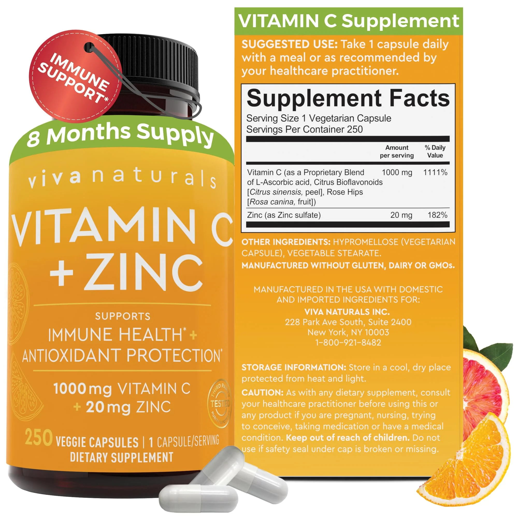 Viva Naturals Vitamin C and Zinc Supplement (250 Capsules) - 1000 mg Vitamin C with Zinc 20 mg Antioxidant Supplements for Immune Support, Vitamin Supplement for Adults
