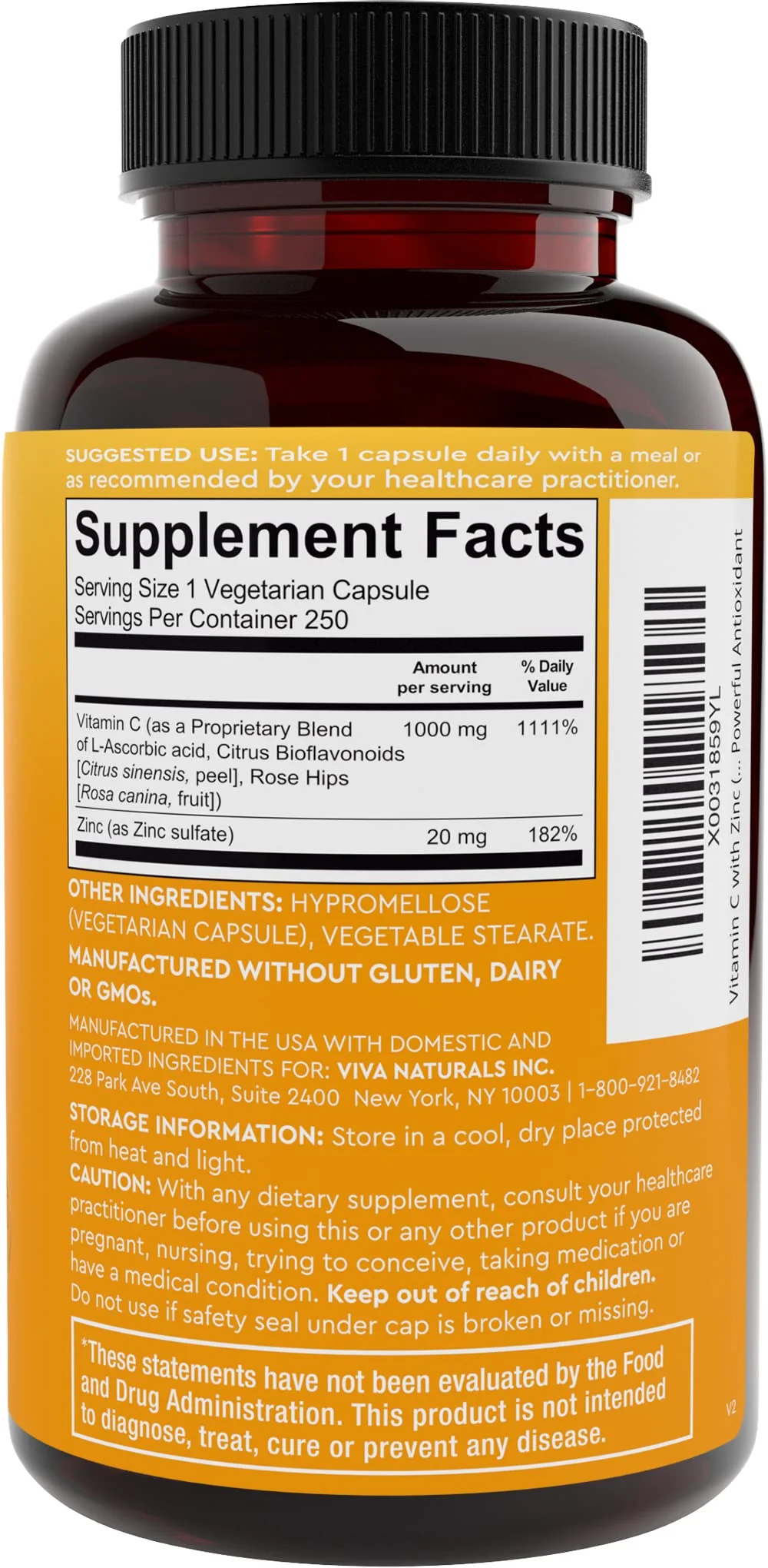 Viva Naturals Vitamin C and Zinc Supplement (250 Capsules) - 1000 mg Vitamin C with Zinc 20 mg Antioxidant Supplements for Immune Support, Vitamin Supplement for Adults - Image 2