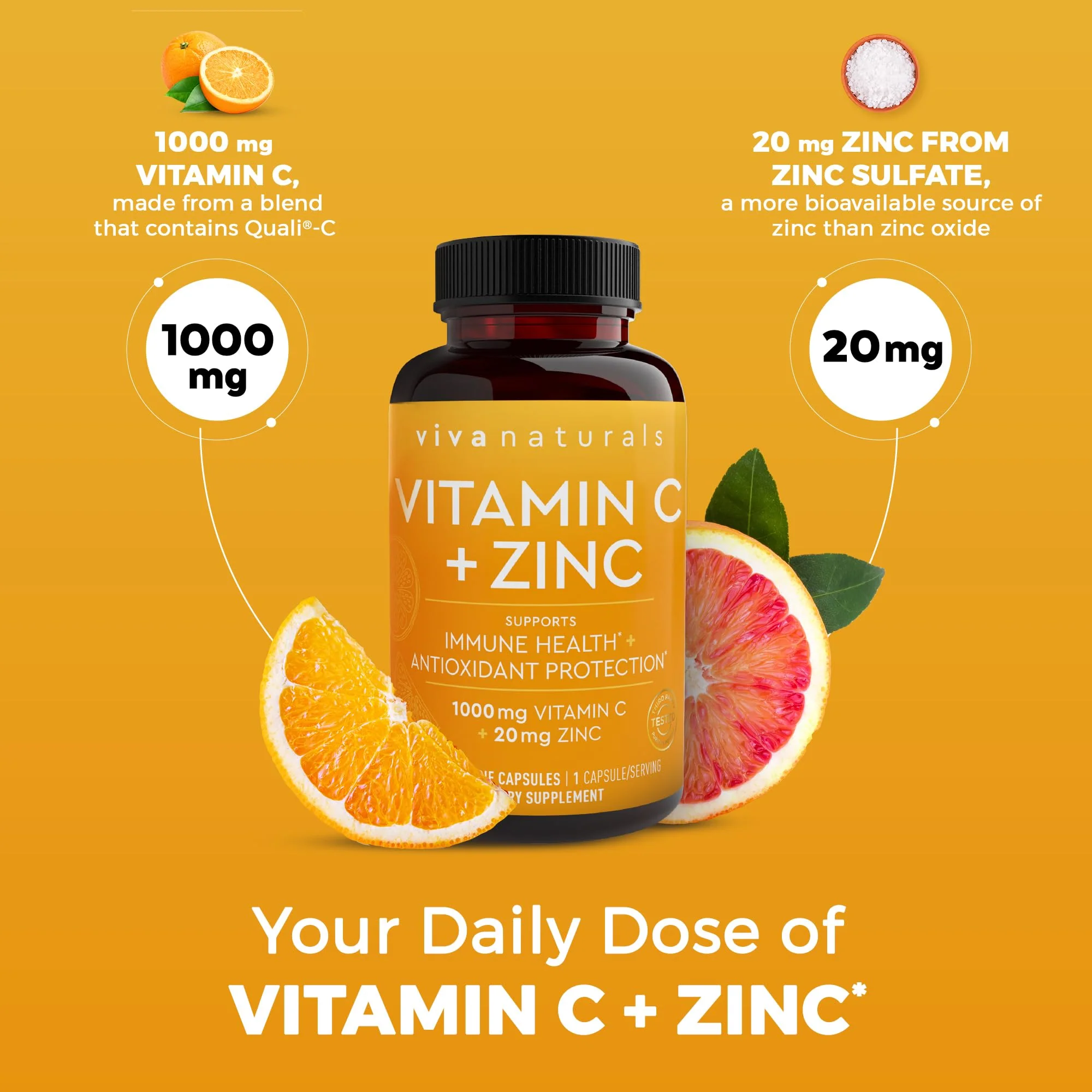 Viva Naturals Vitamin C and Zinc Supplement (250 Capsules) - 1000 mg Vitamin C with Zinc 20 mg Antioxidant Supplements for Immune Support, Vitamin Supplement for Adults - Image 5