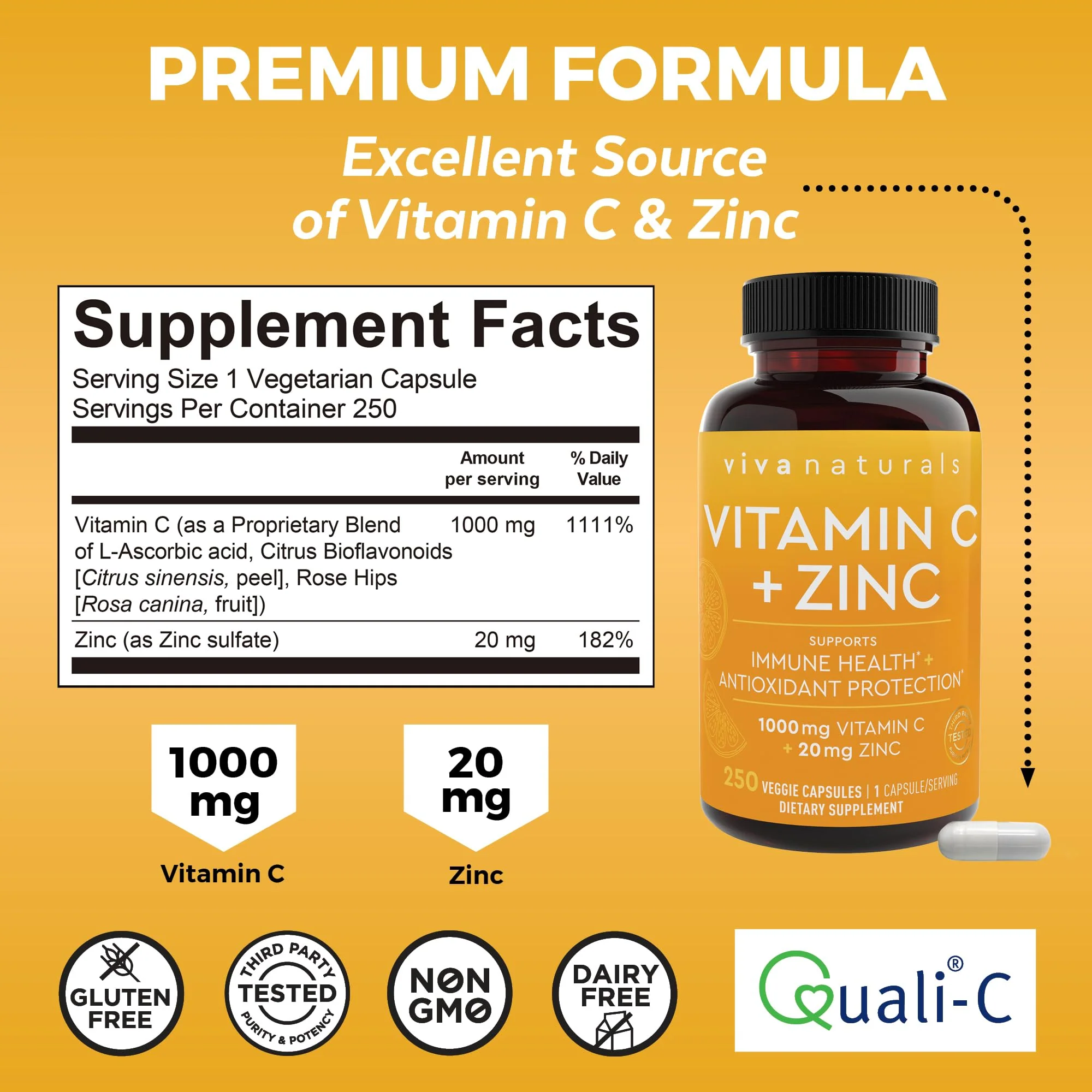 Viva Naturals Vitamin C and Zinc Supplement (250 Capsules) - 1000 mg Vitamin C with Zinc 20 mg Antioxidant Supplements for Immune Support, Vitamin Supplement for Adults - Image 9