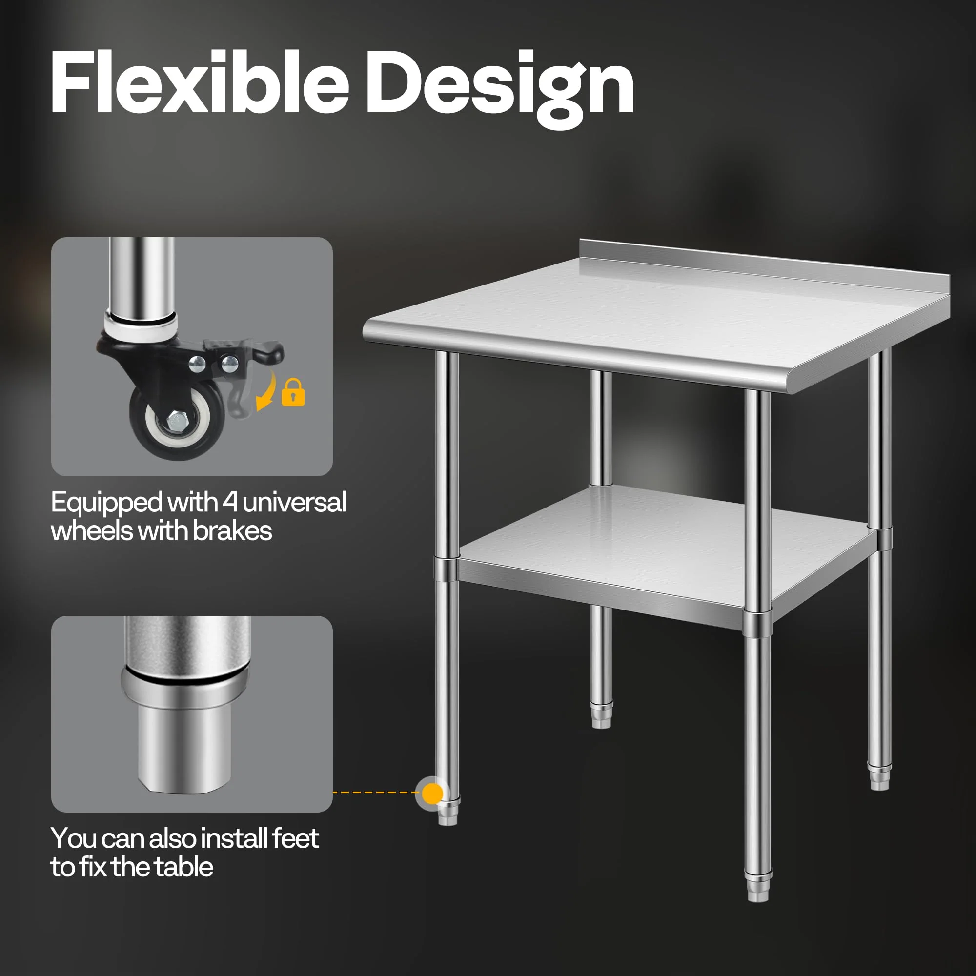 VIVOHOME 24 x 18 Inch Stainless Steel Work Table with Backsplash, Prep Commercial Table with Wheels for Restaurant, Hotel, Home and Warehouse - Image 6