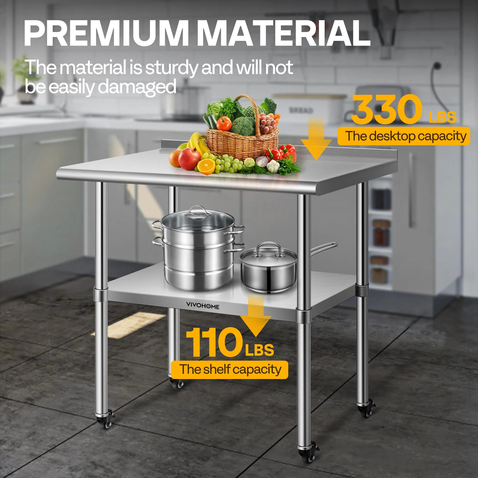VIVOHOME 24 x 30 Inch Stainless Steel Work Table with Backsplash, Prep Commercial Table with Wheels for Restaurant, Hotel, Home and Warehouse - Image 7