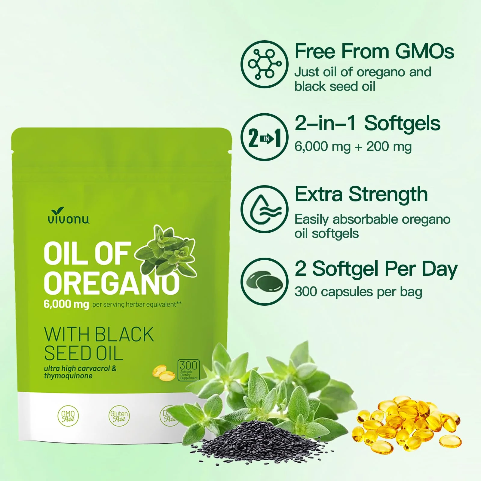 VivoNu Oil of Oregano Capsules, Balanced Oil of Oregano with Black Seed Oil, Organic Oregano Oil Softgels,Carvacrol,Thymoquinone, Non-GMO - Image 8