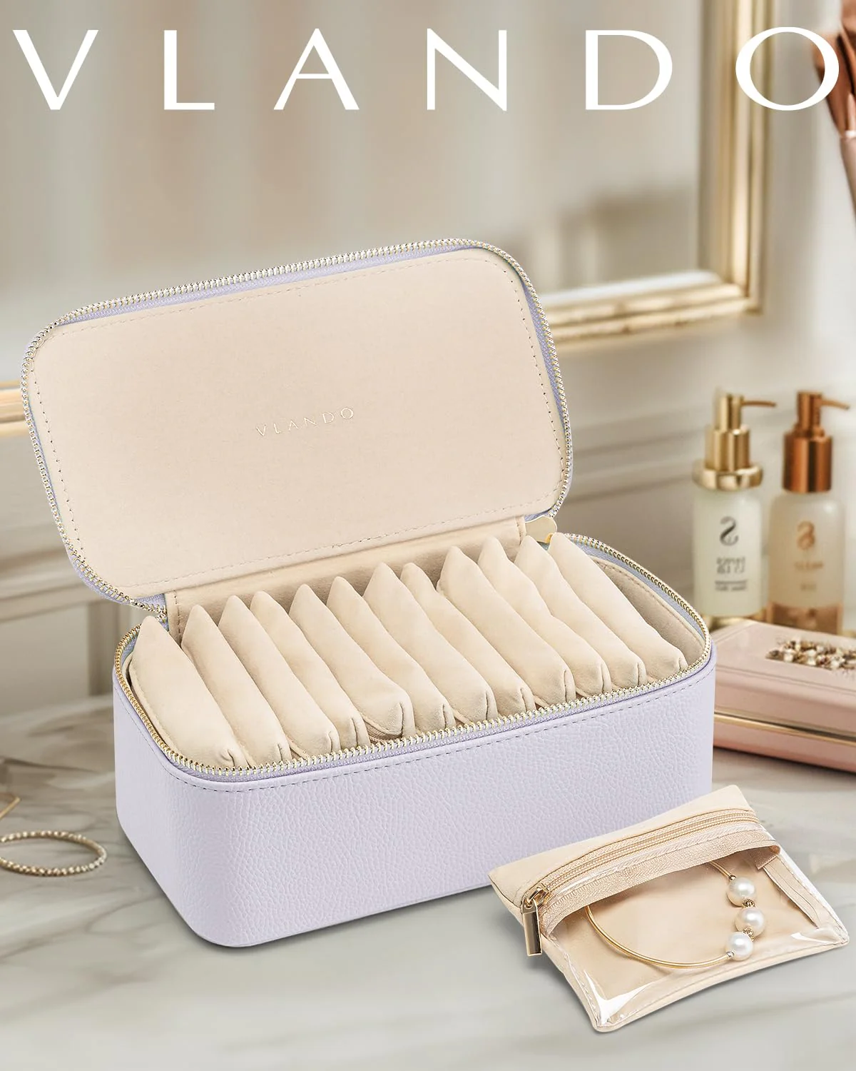 Vlando Jewelry Box with 12 Velvet Jewelry Bags Travel Jewelry Case for Girls Jewelry Organizers Necklace Rings Earrings Storage Bags Christmas Gifts Bridal Shower Gifts-Purple - Image 3